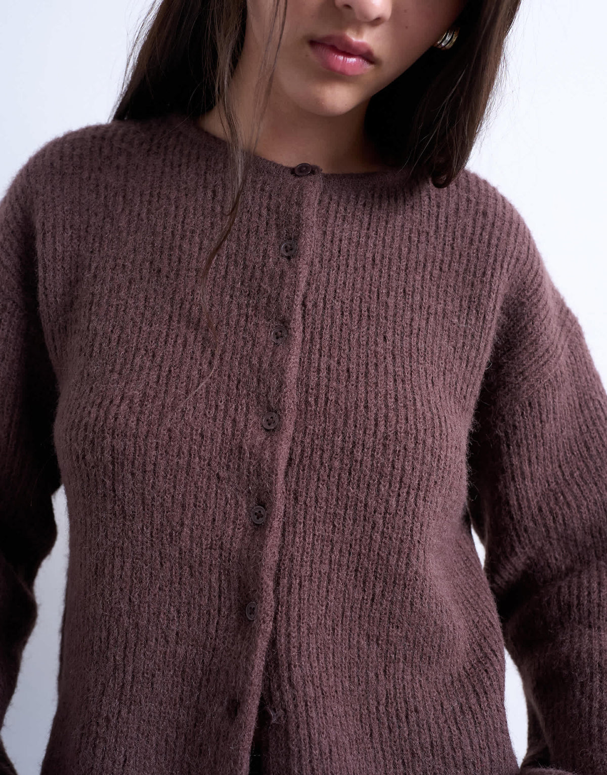 Topshop knitted easy ribbed relaxed cardigan in chocolate