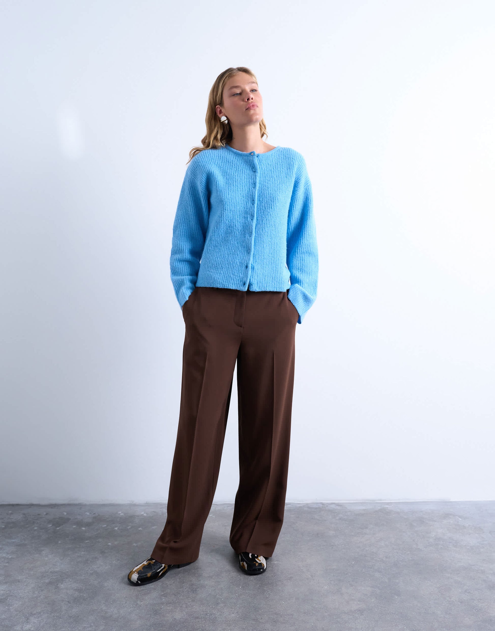 Topshop knitted easy ribbed relaxed cardigan in blue