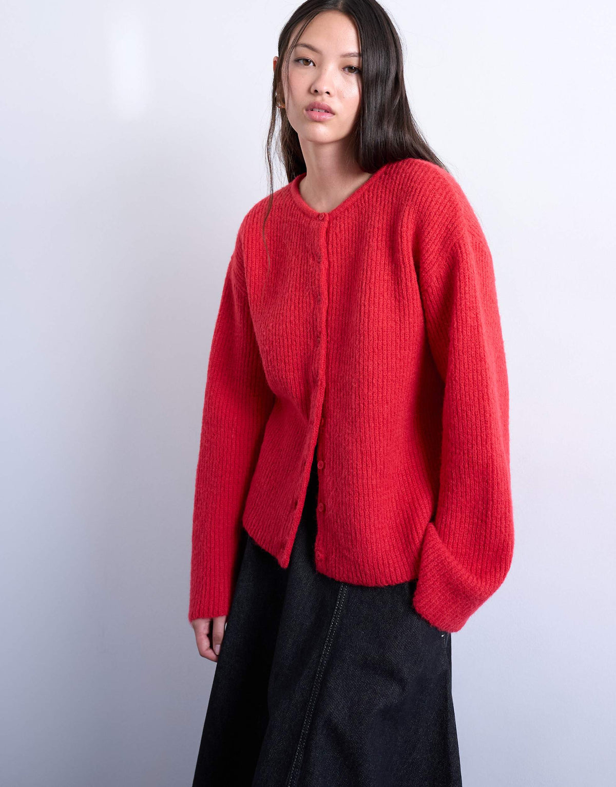 Topshop knitted easy ribbed relaxed cardigan in red