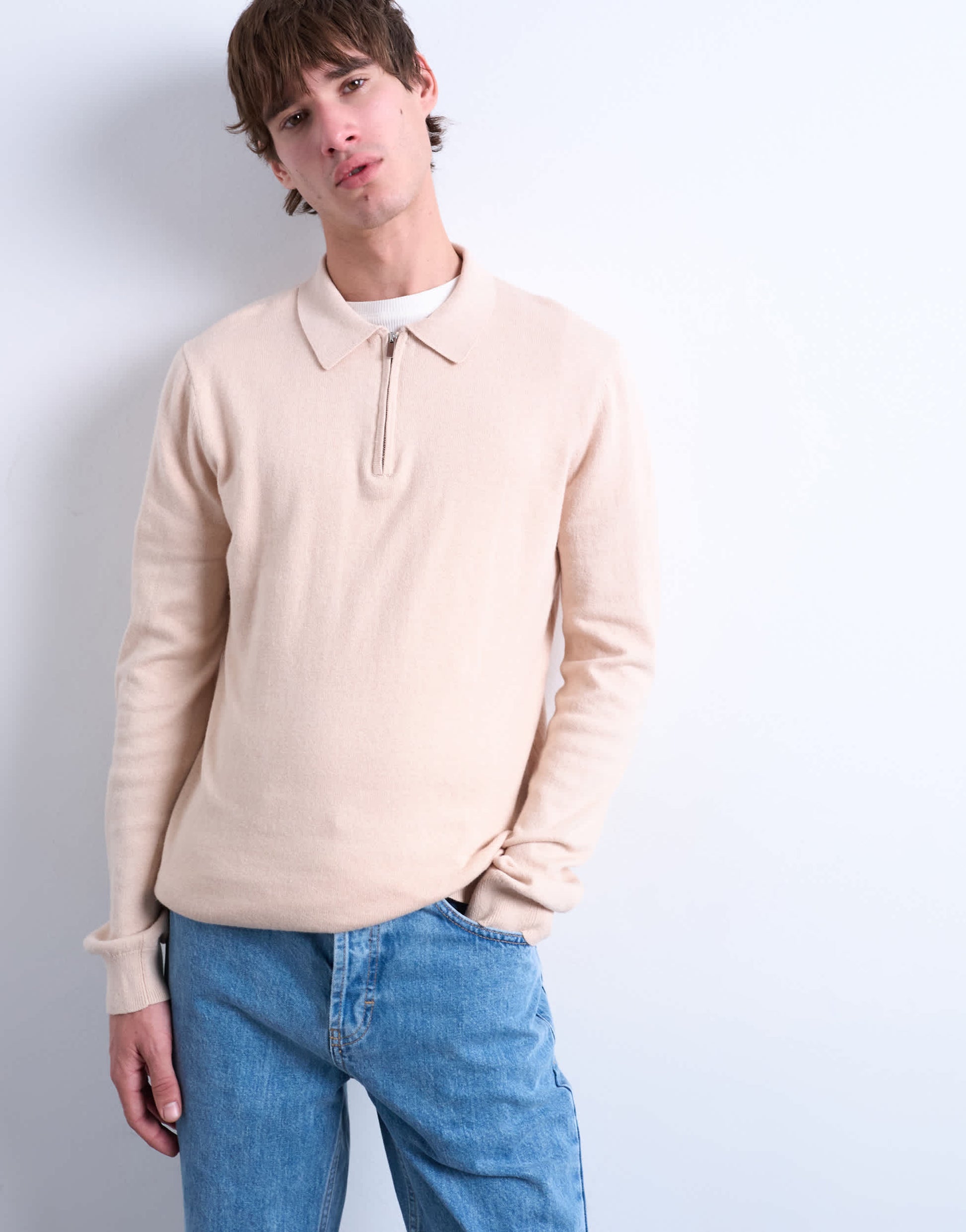 Topman essential knitted zip polo in stone