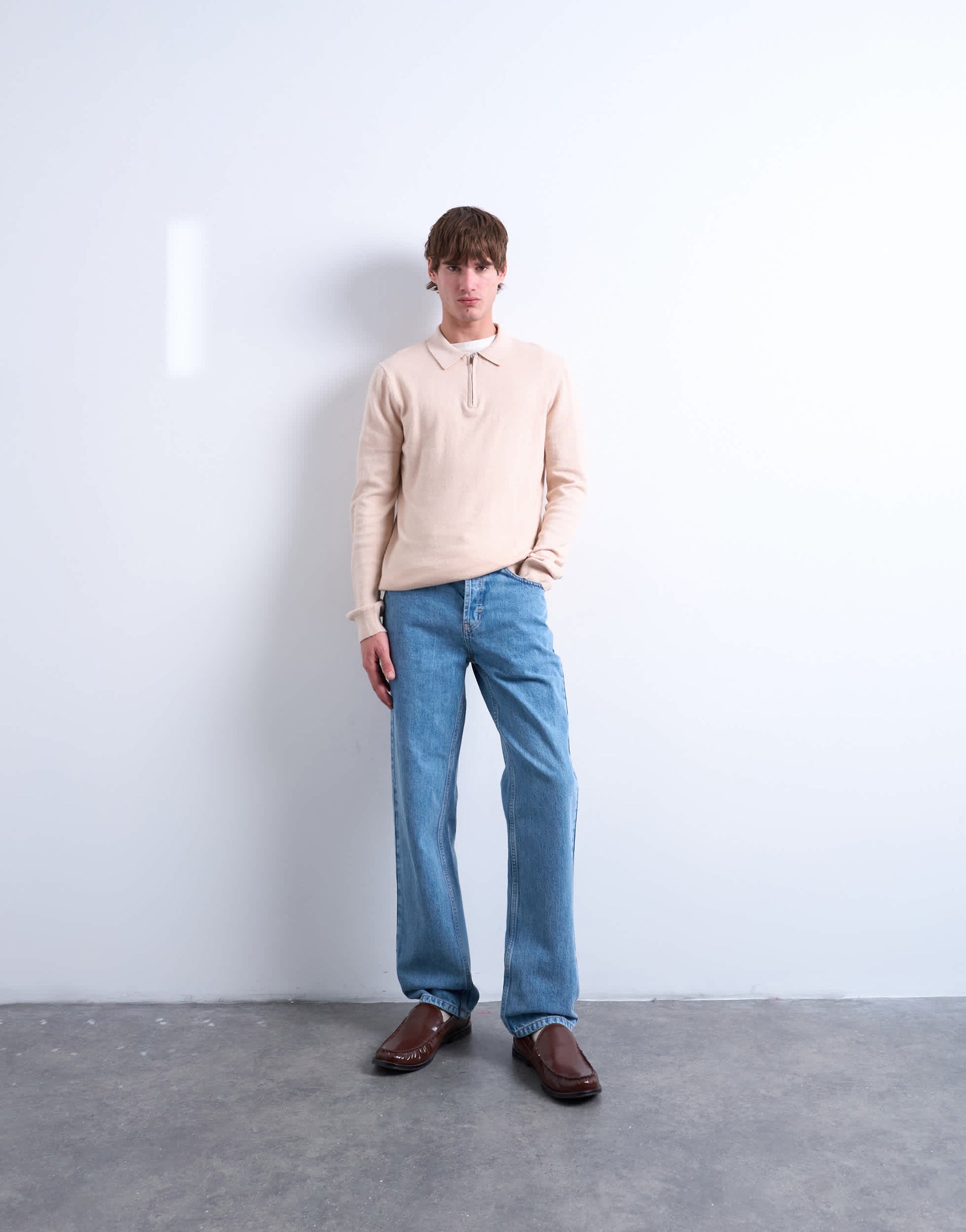 Topman essential knitted zip polo in stone