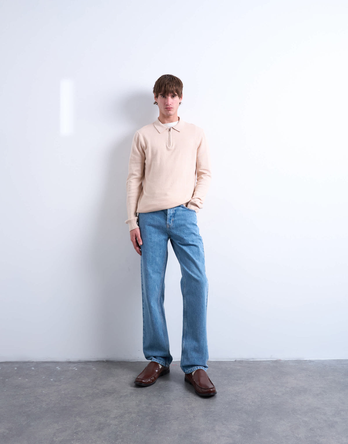 Topman essential knitted zip polo in stone
