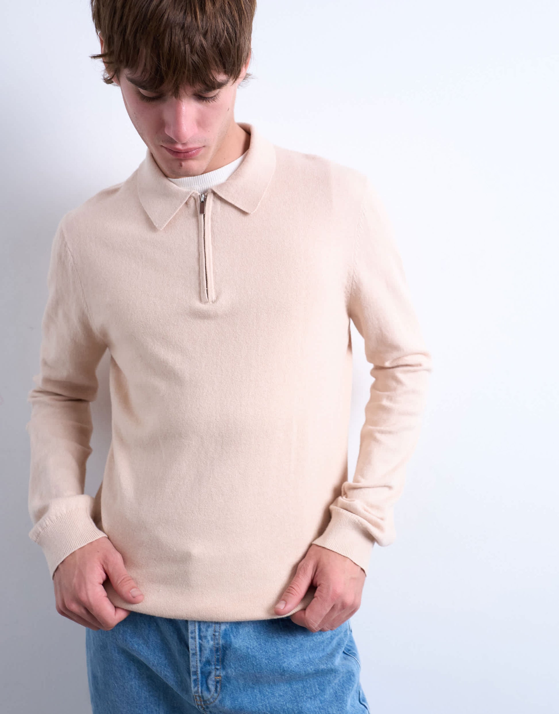 Topman essential knitted zip polo in stone