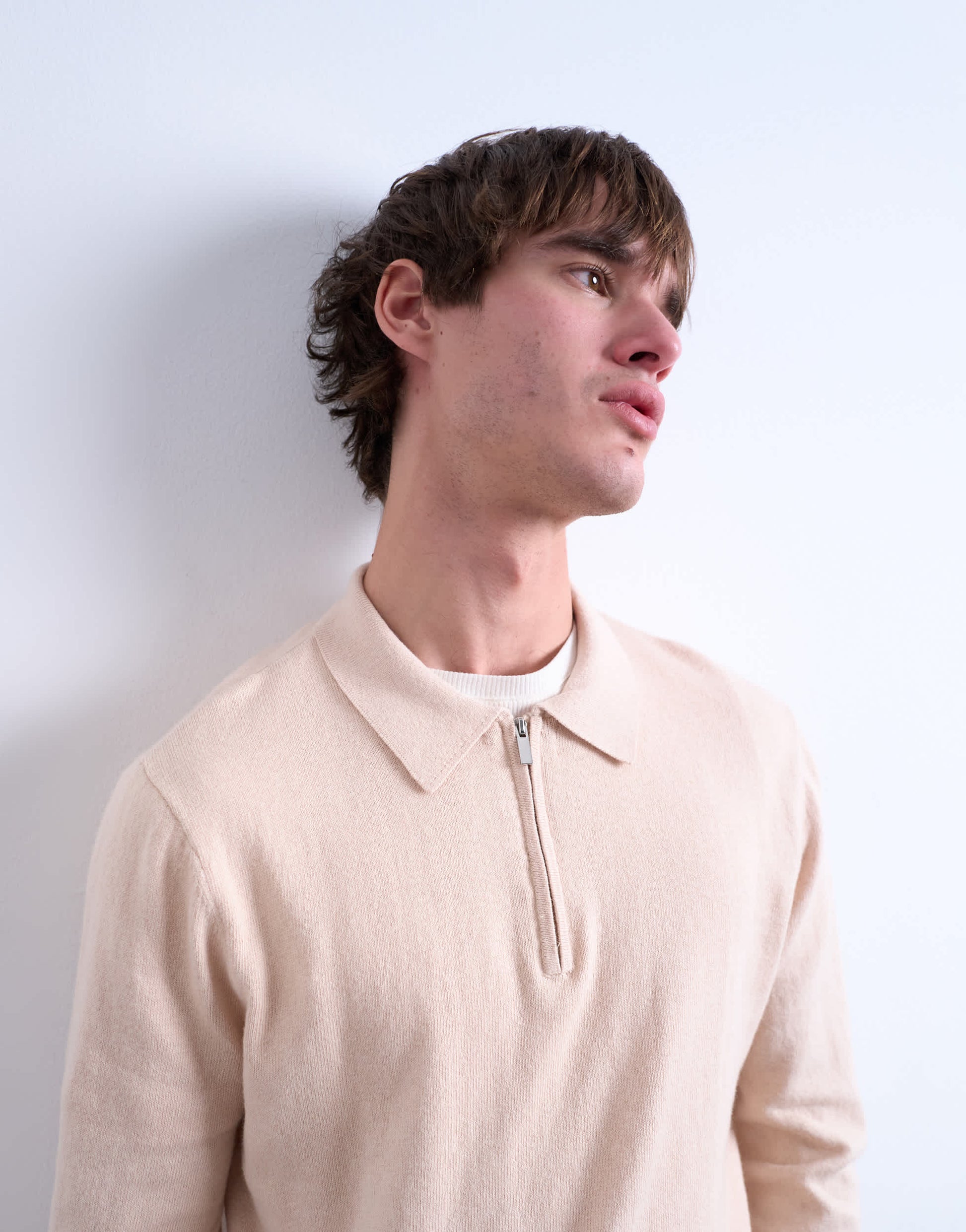 Topman essential knitted zip polo in stone