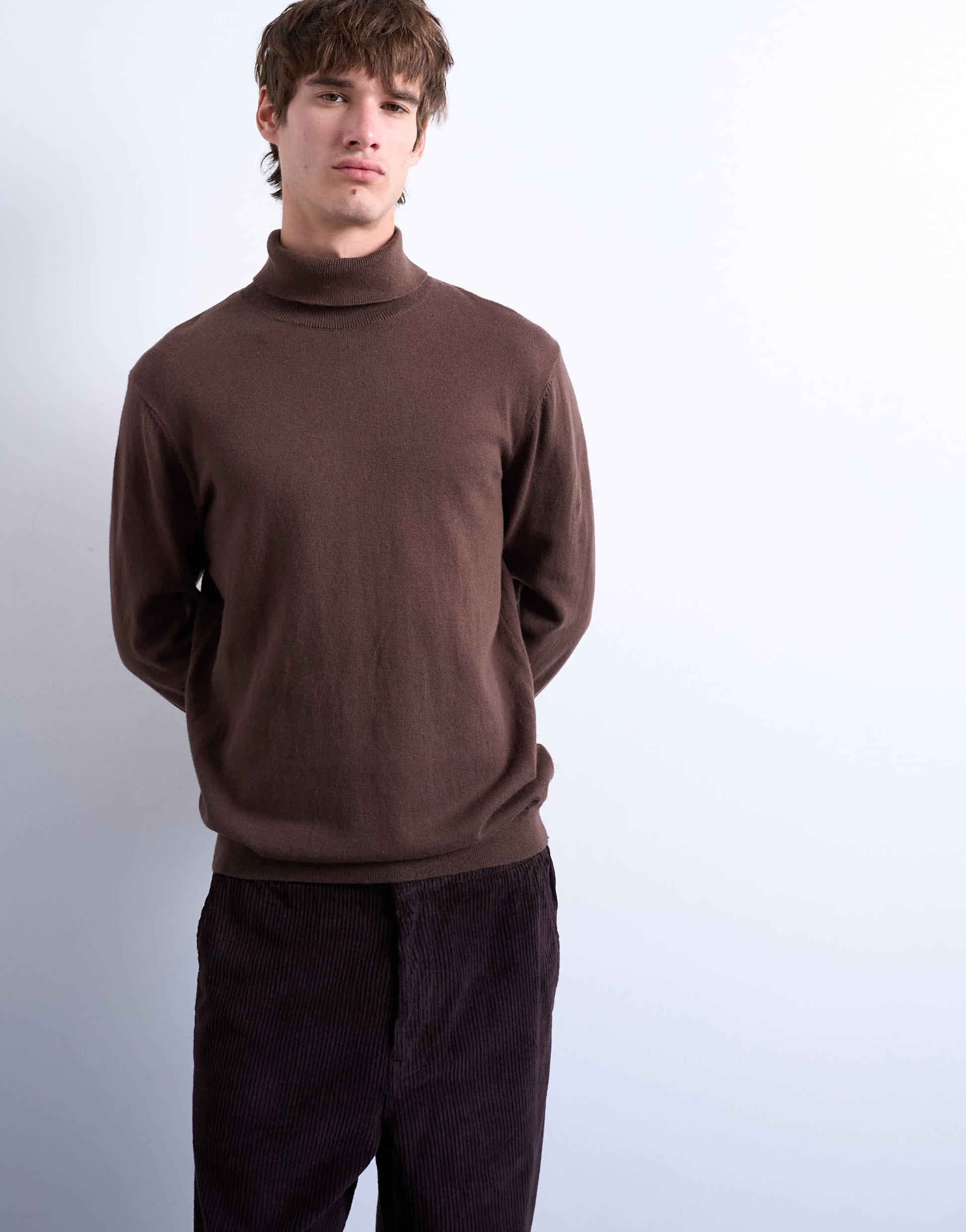 Topman essential knitted roll neck in brown