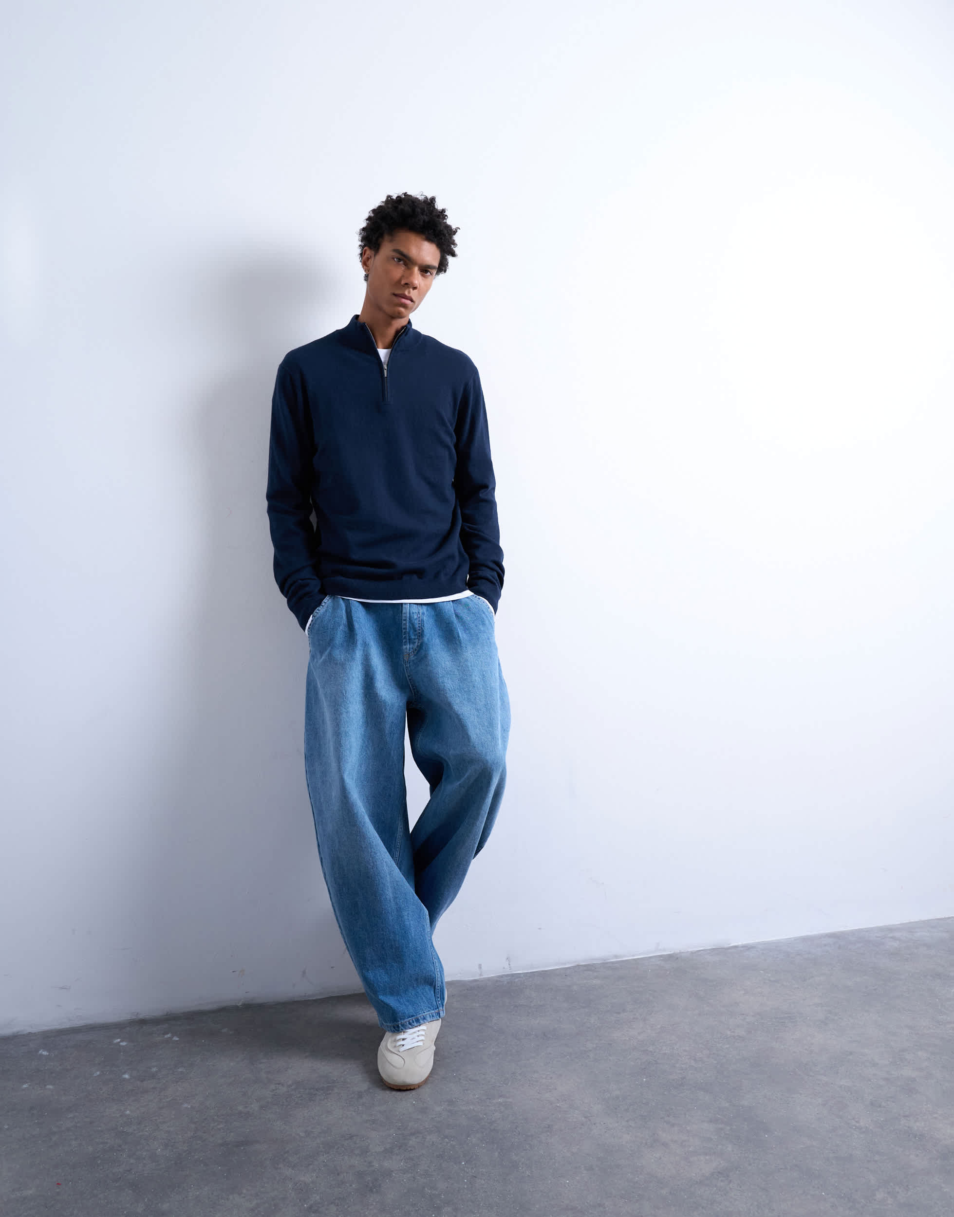 Topman essential knitted 1/4 zip funnel in navy