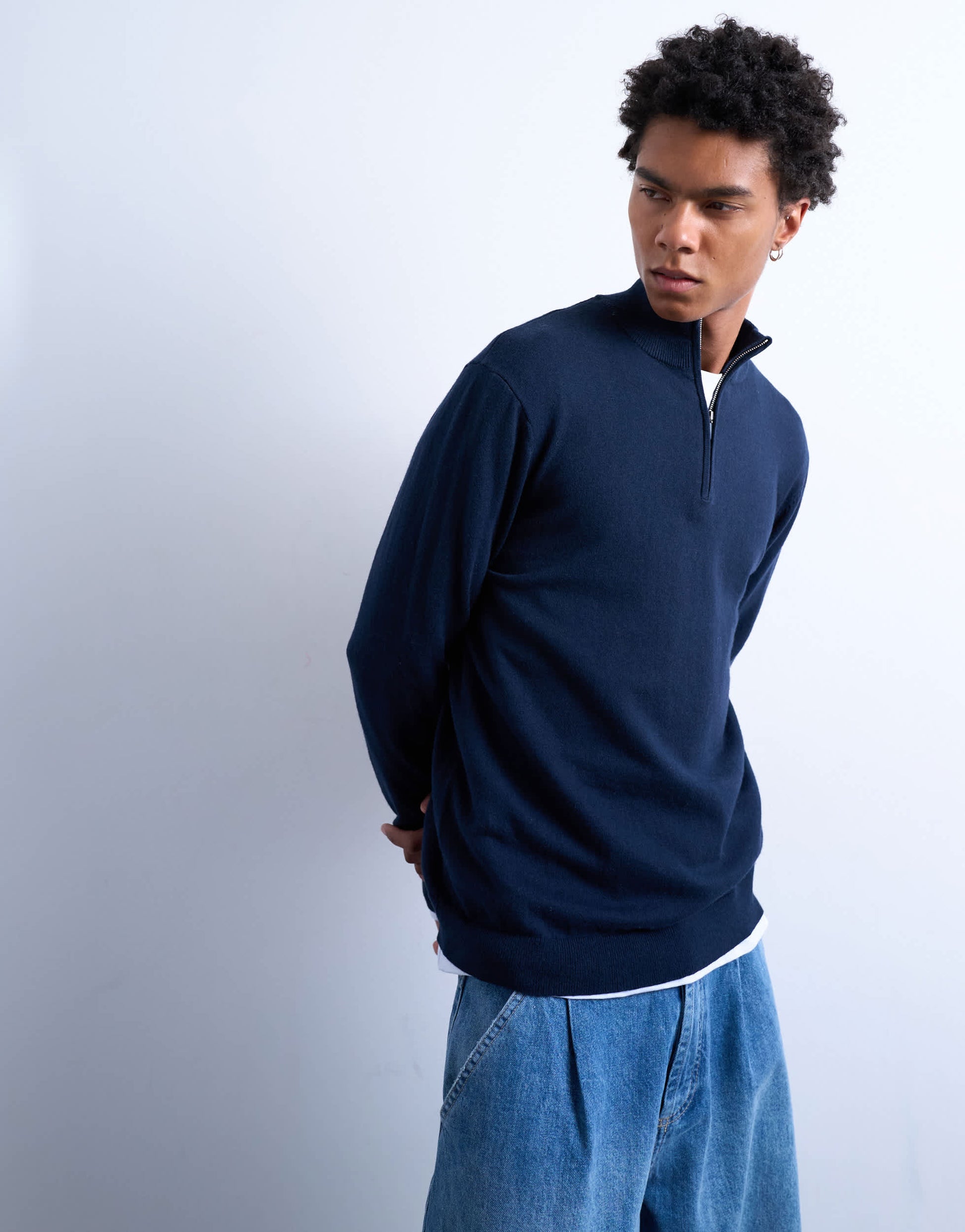 Topman essential knitted 1/4 zip funnel in navy