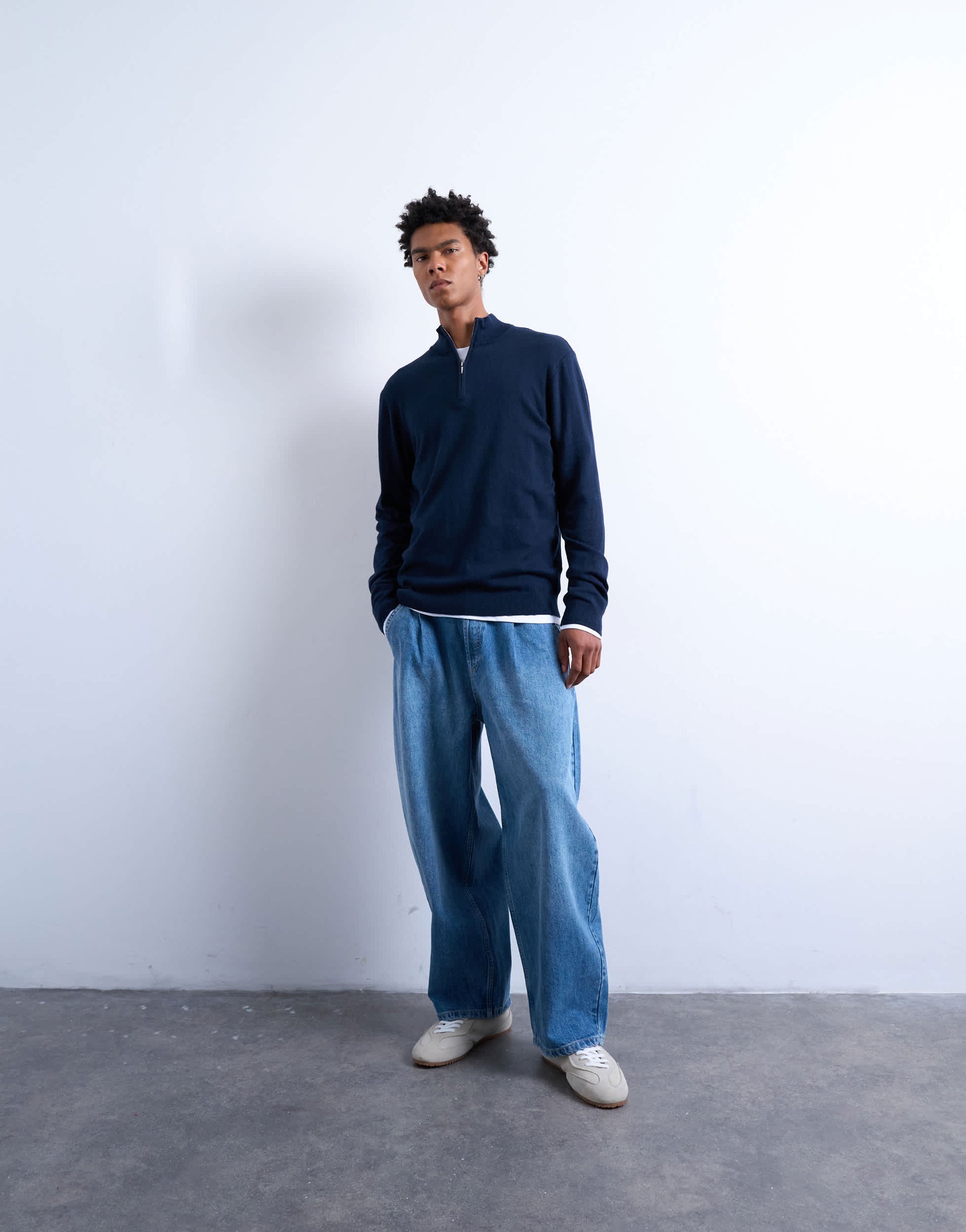 Topman essential knitted 1/4 zip funnel in navy