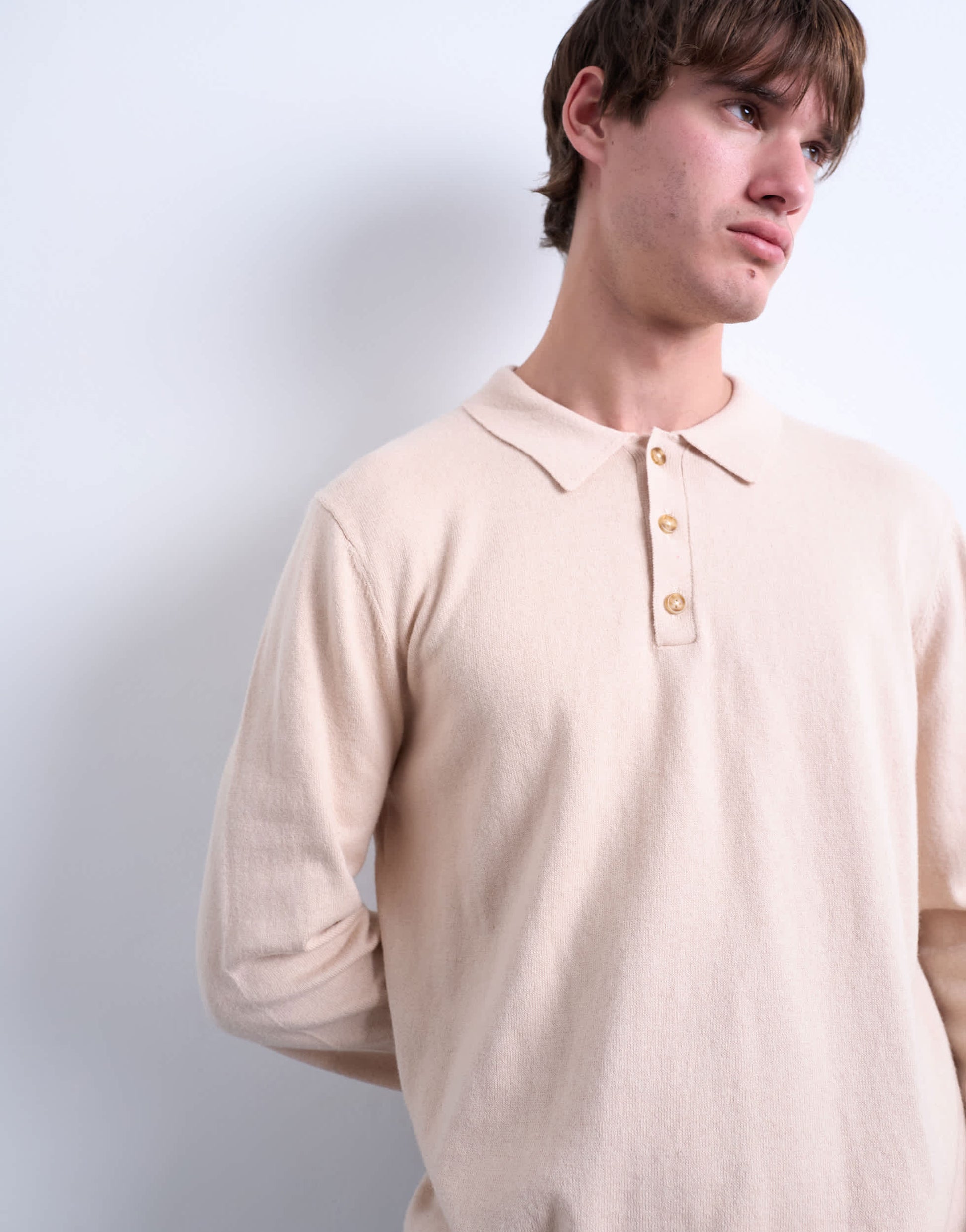 Topman essential knitted button polo in stone
