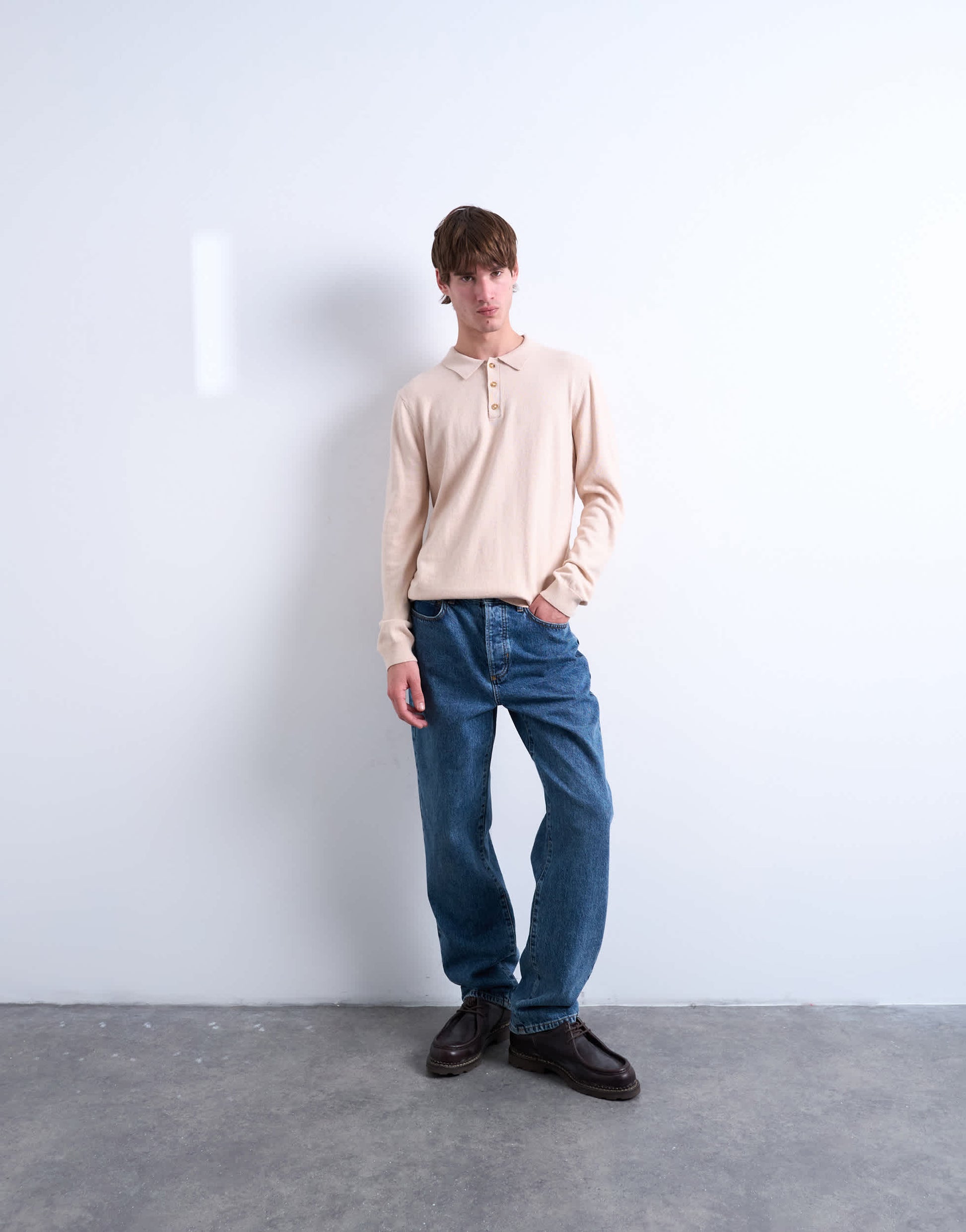 Topman essential knitted button polo in stone