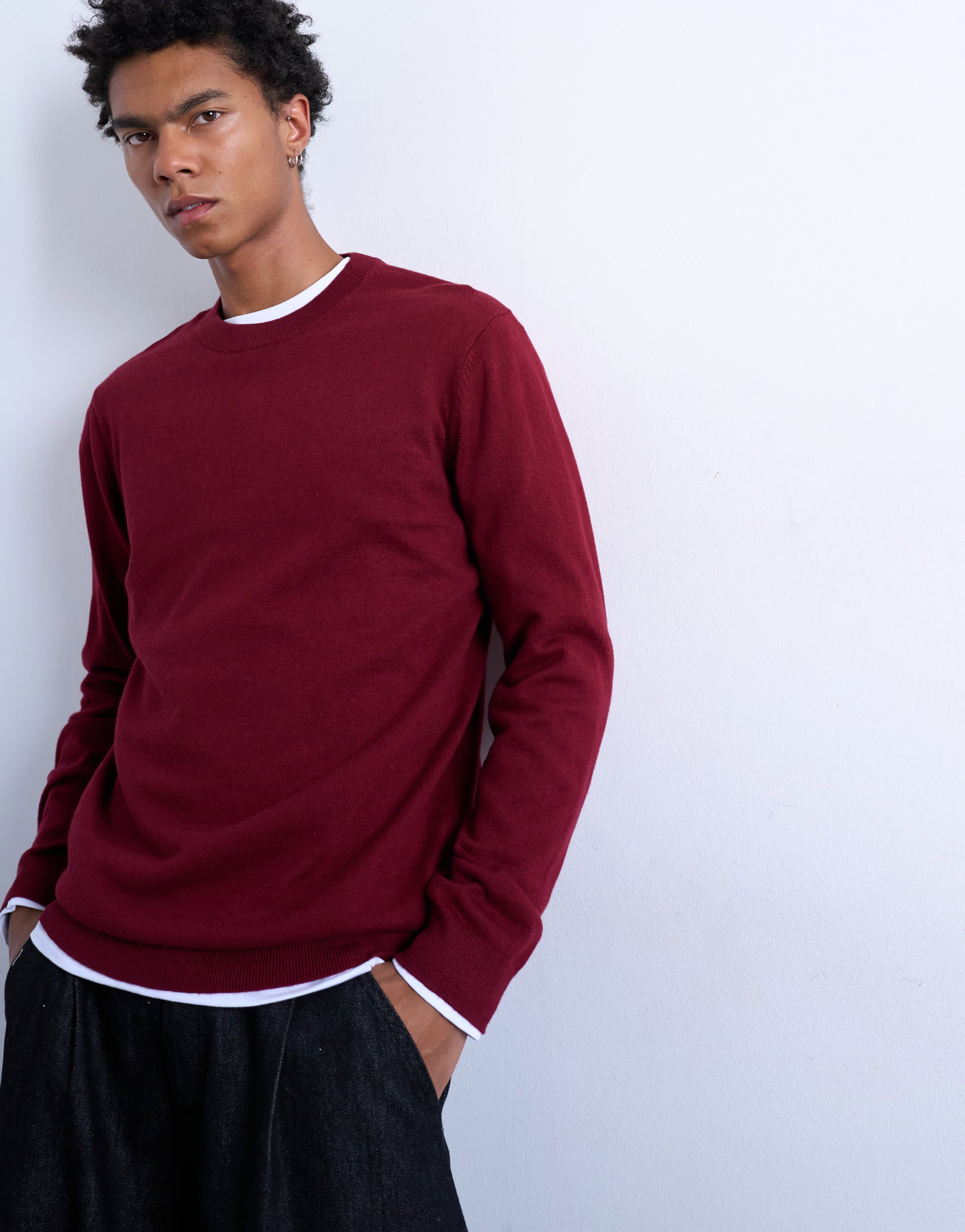 Topman essentiel col rond en maille bordeaux