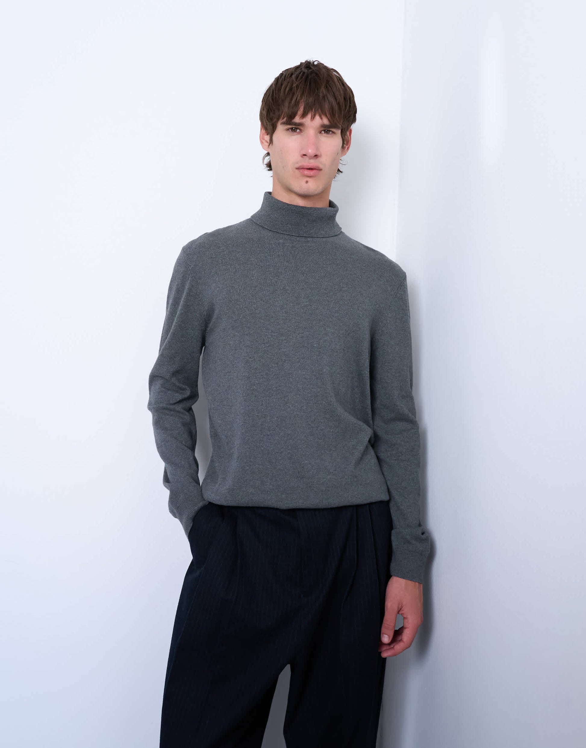 Topman essential knitted roll neck in charcoal