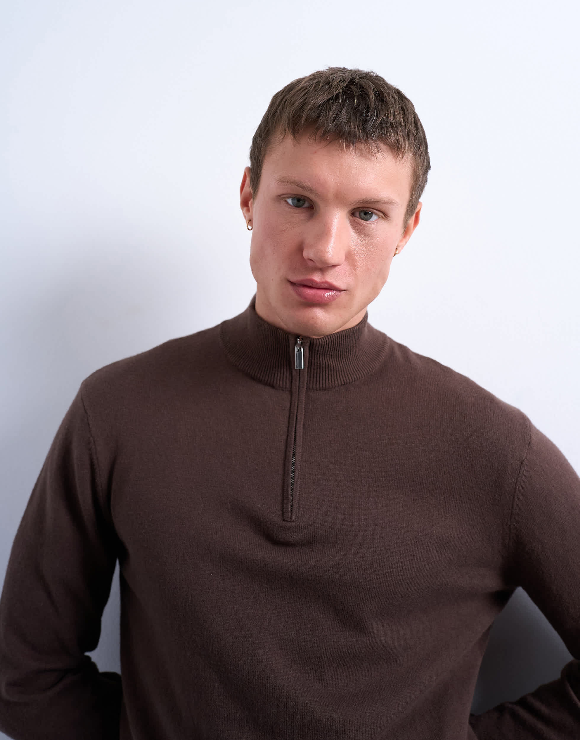 Pull à col cheminée Topman Essential en maille, fermeture éclair 1/4, marron