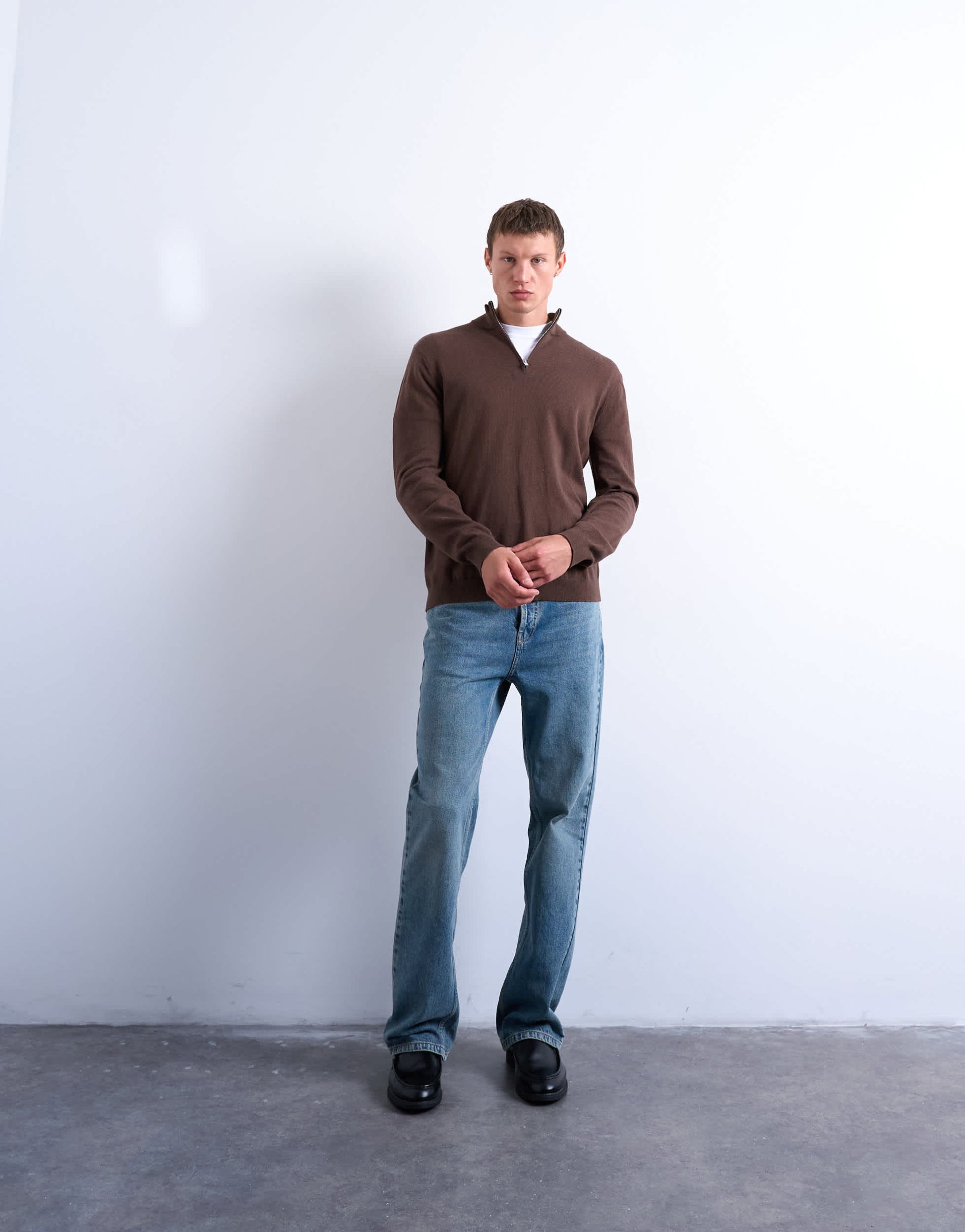 Topman essential knitted 1/4 zip funnel in brown