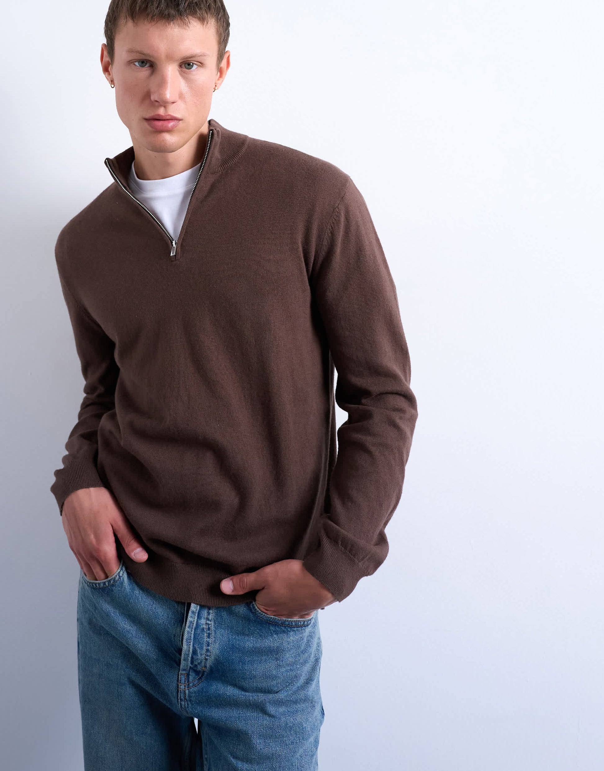 Topman essential knitted 1/4 zip funnel in brown