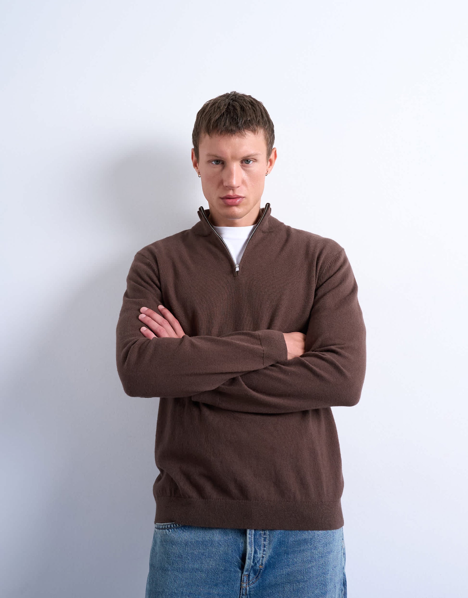 Topman essential knitted 1/4 zip funnel in brown