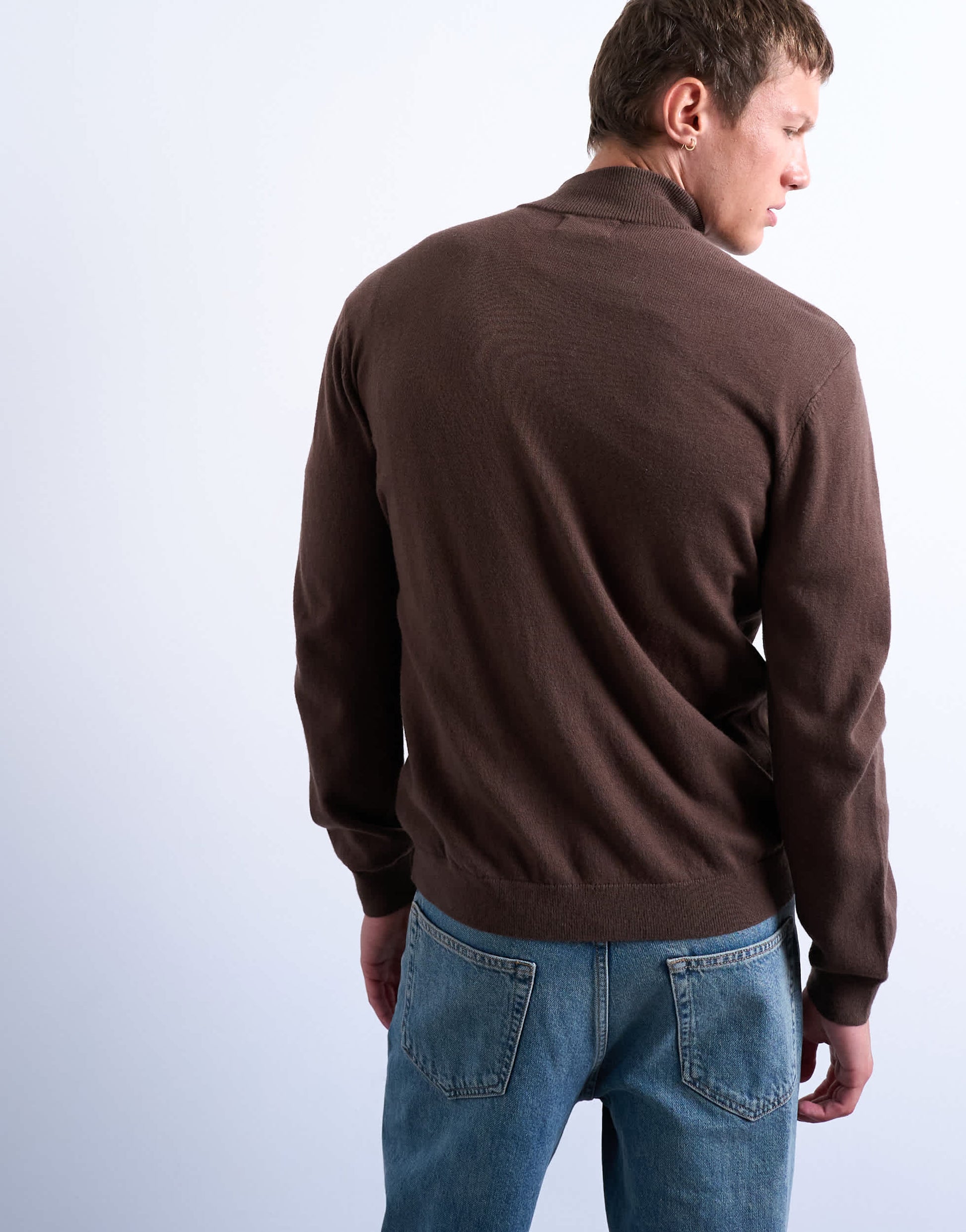 Topman essential knitted 1/4 zip funnel in brown