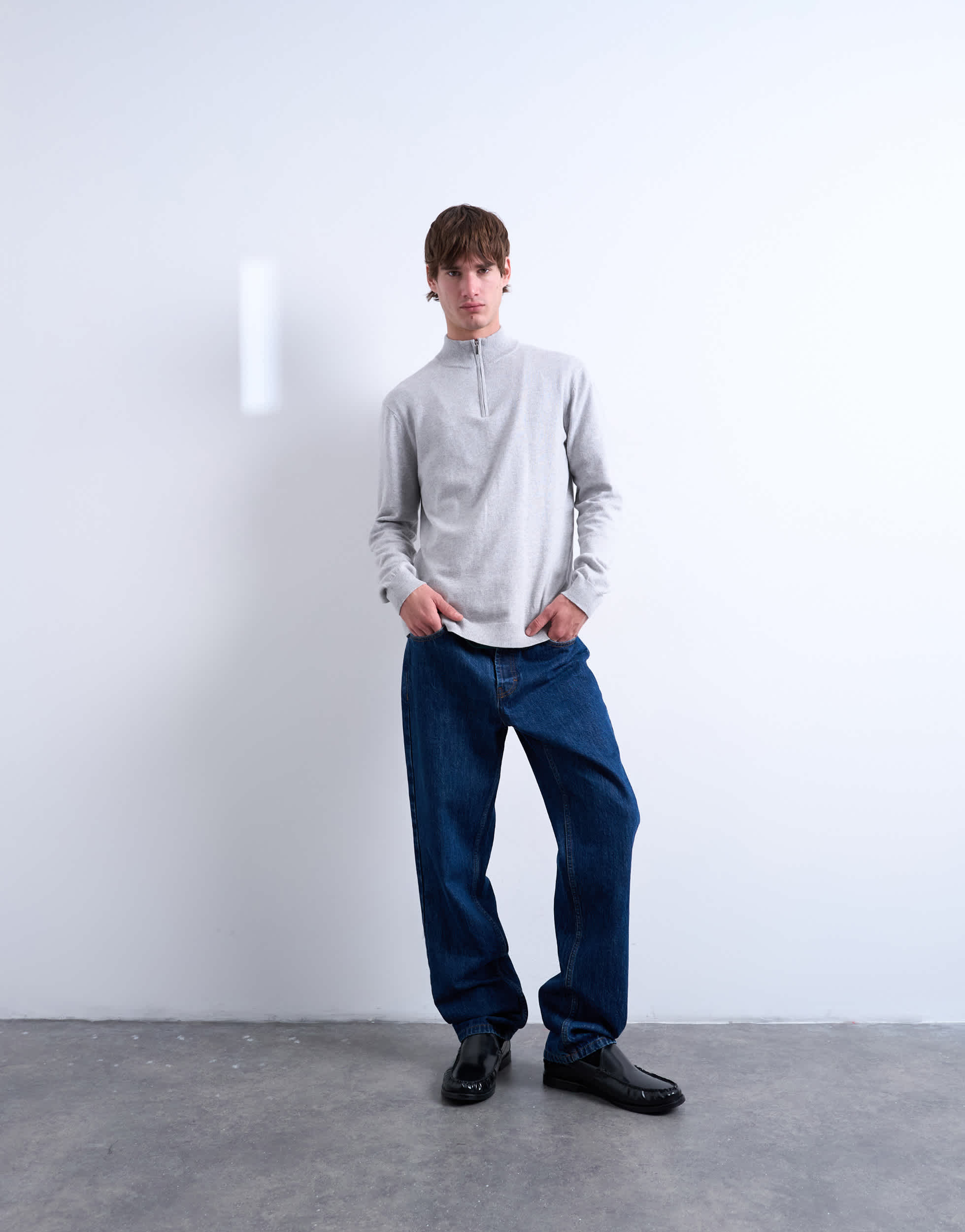 Topman – Pull à fermeture éclair 1/4 col cheminée en maille essentielle gris clair