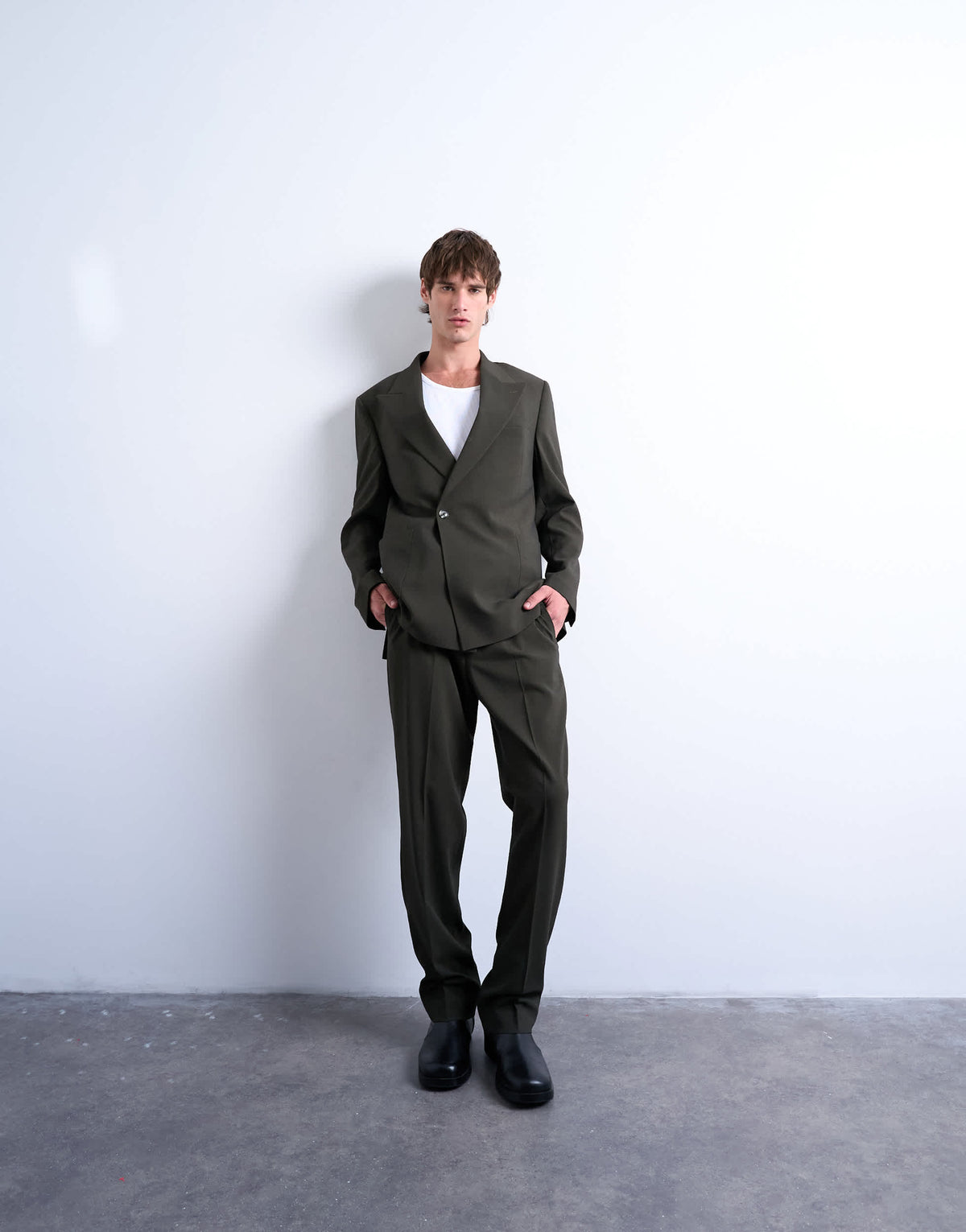 Topman straight wool touch trousers in dark green