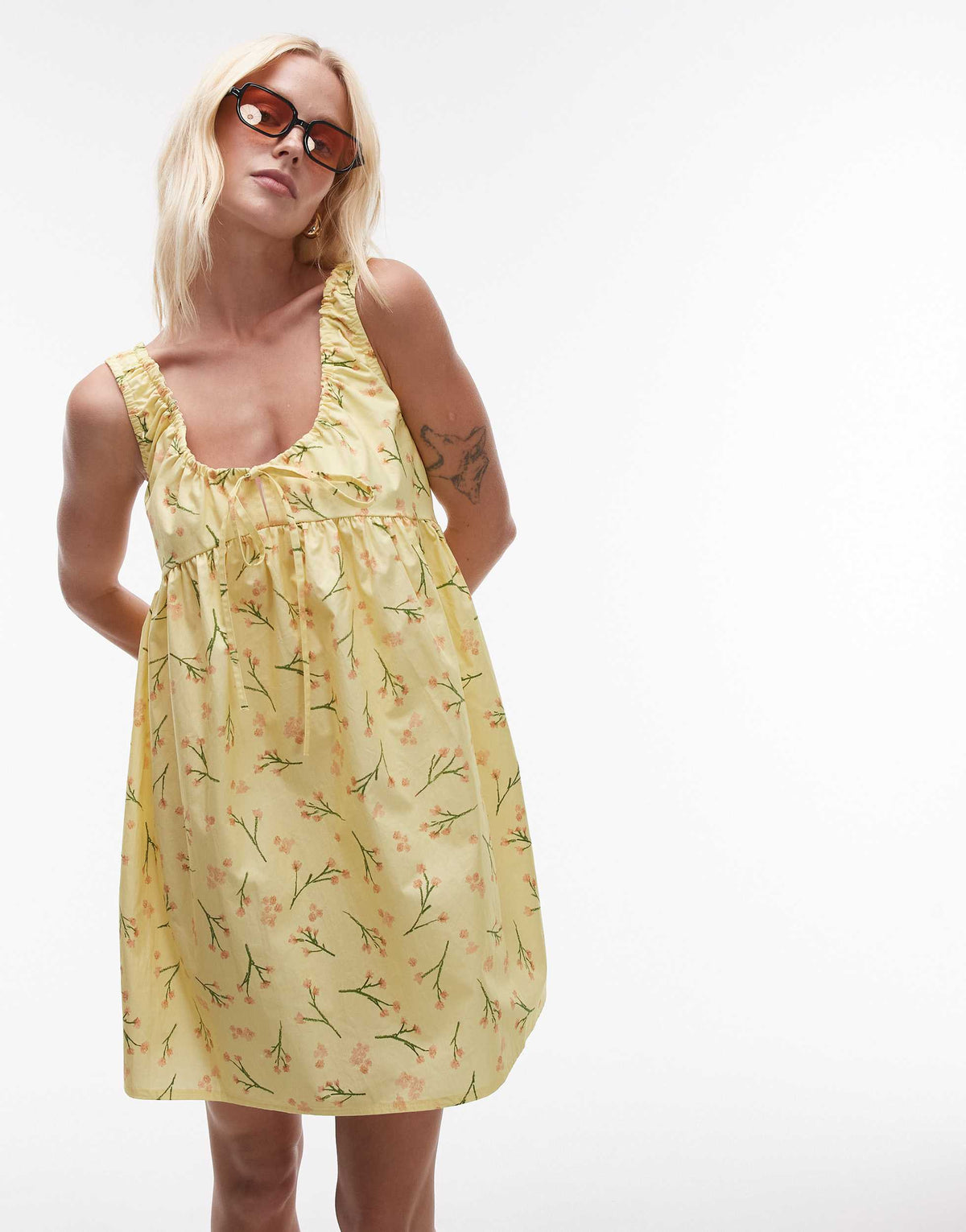 Topshop poplin sundress with gathered dress in yellow ditsy print