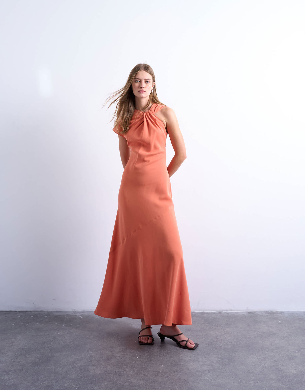 Topshop knot neck asymmetric sleeve midi in tangerine
