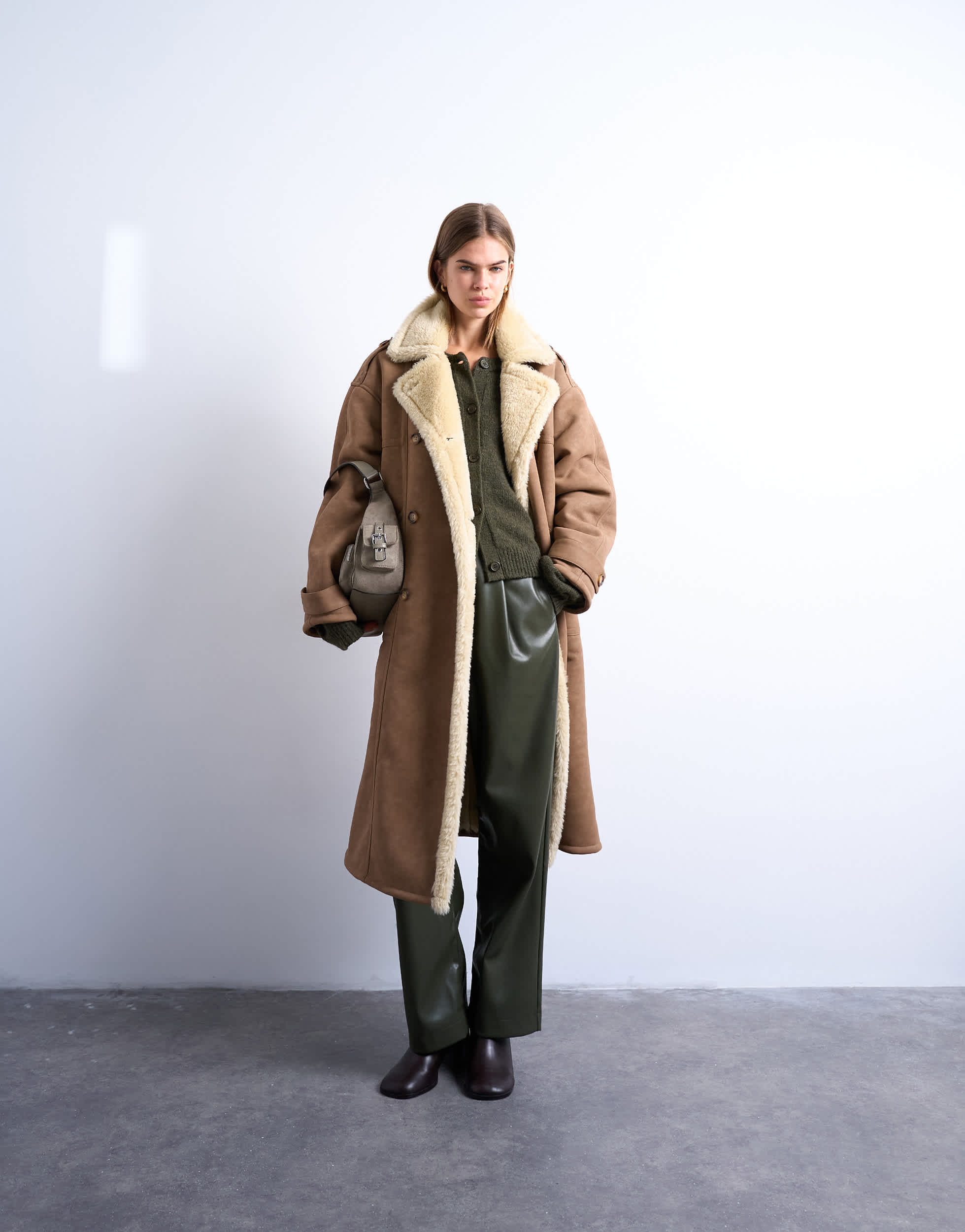 Topshop formal longline shearling coat in brown and cream