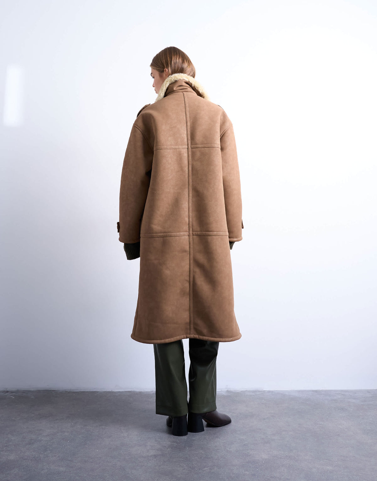 Topshop formal longline shearling coat in brown and cream