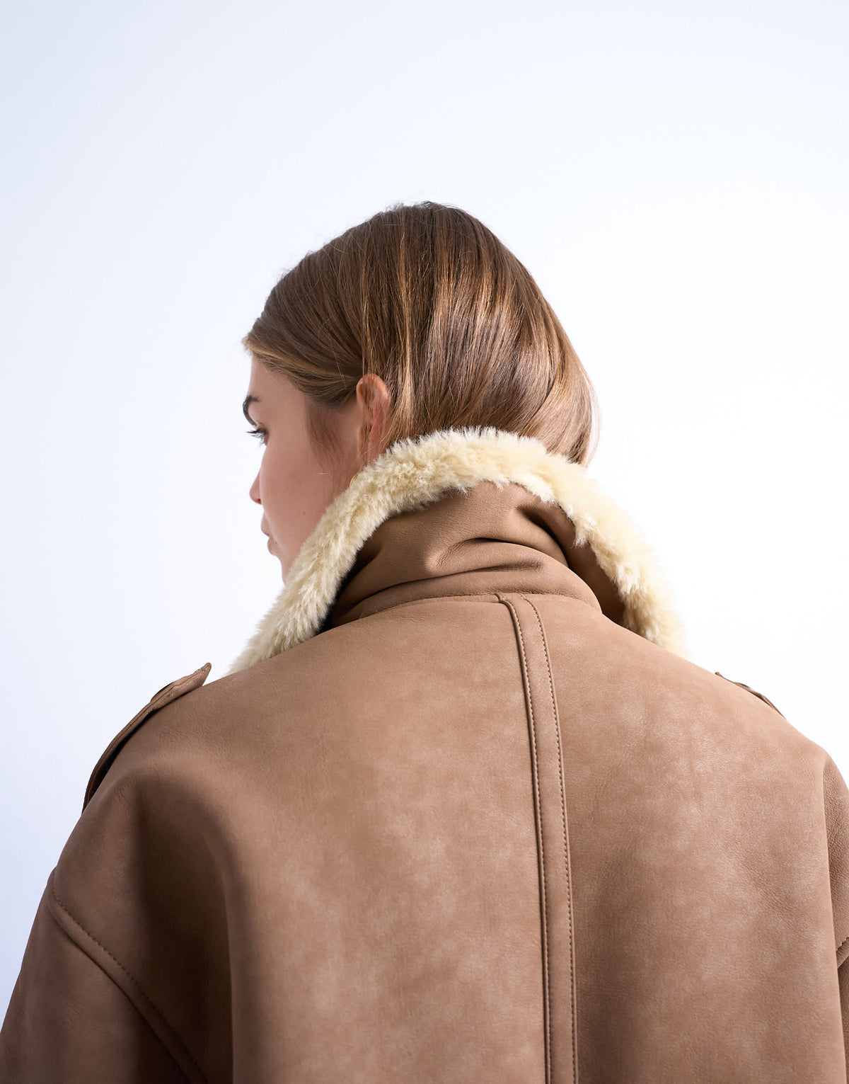 Topshop formal longline shearling coat in brown and cream