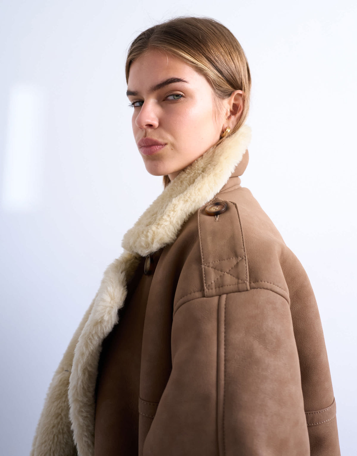 Topshop formal longline shearling coat in brown and cream