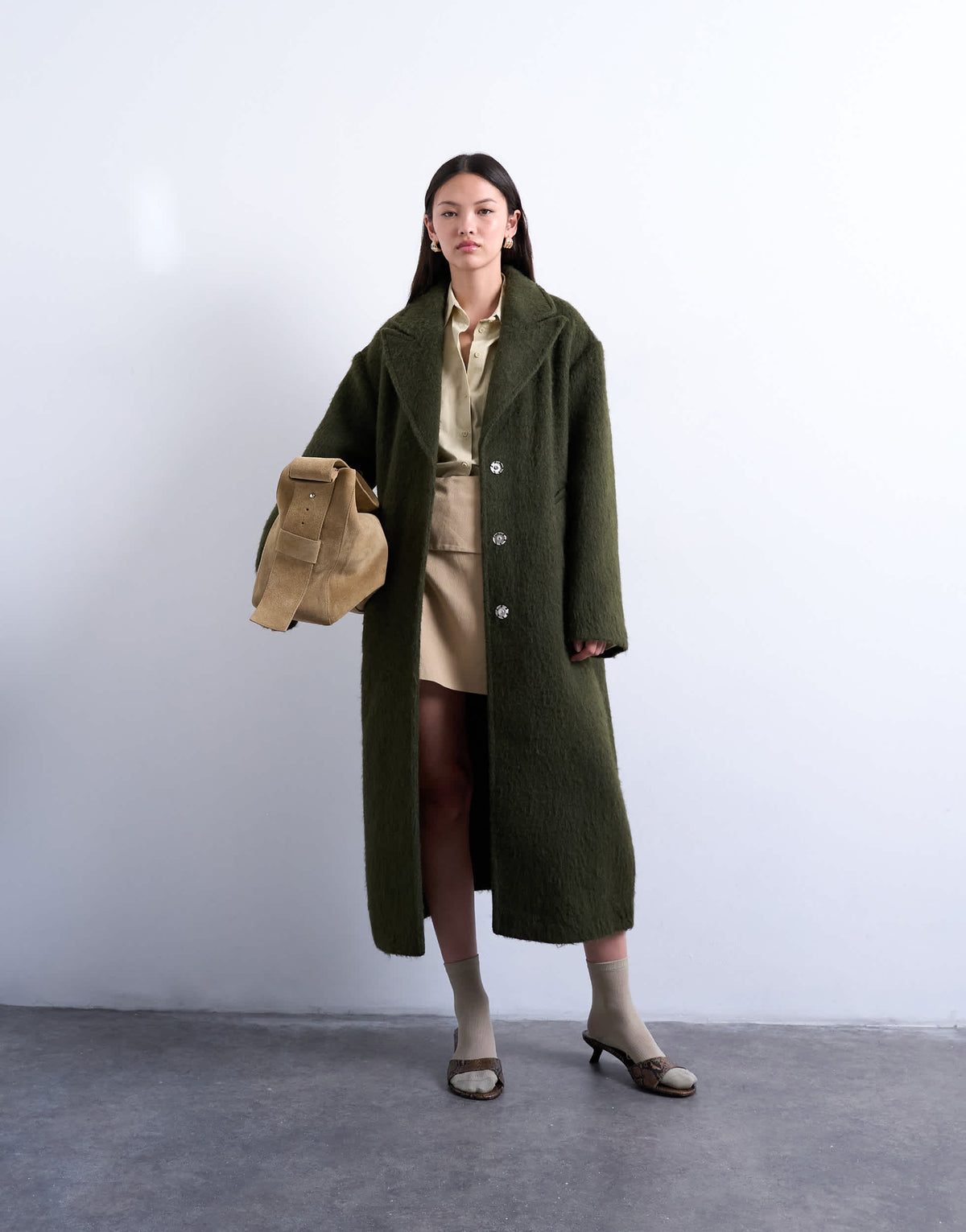 Topshop brushed unlined dropped shoulder clean chuck on coat with wool in khaki