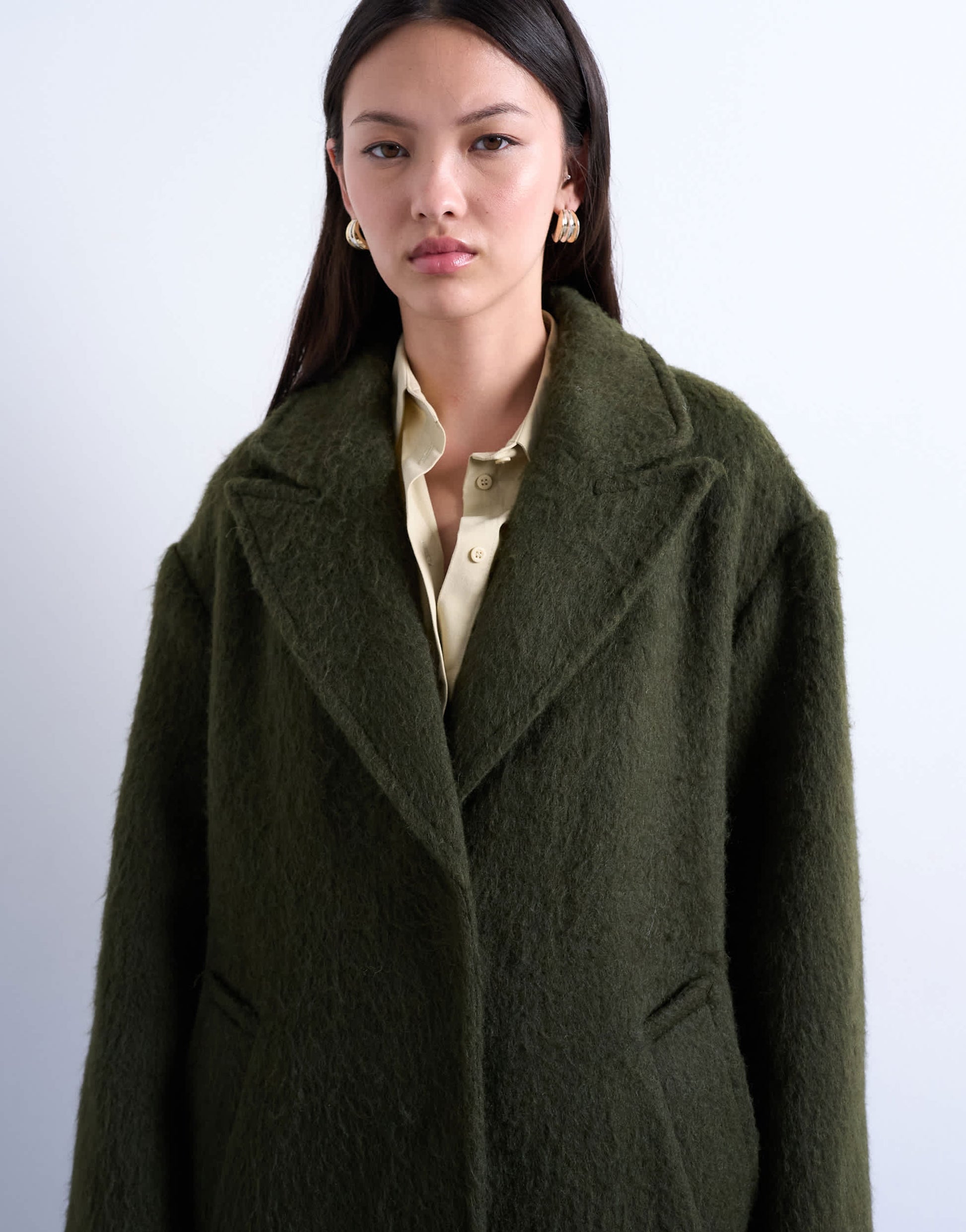 Topshop brushed unlined dropped shoulder clean chuck on coat with wool in khaki