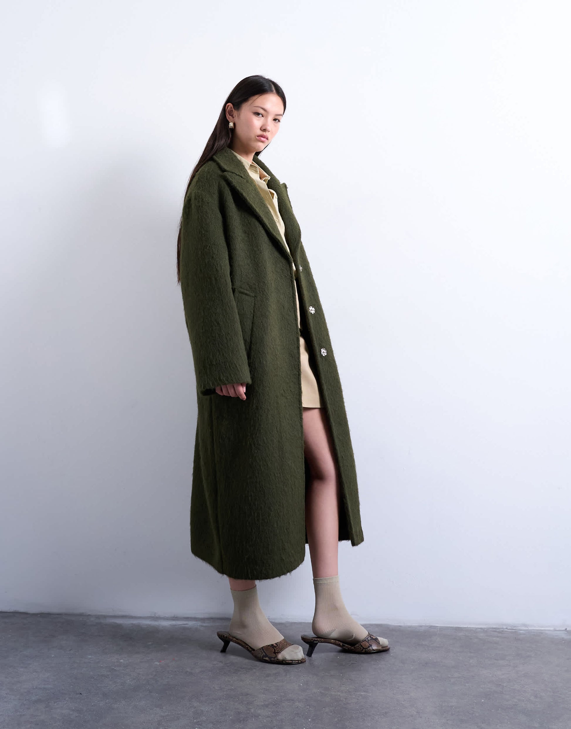 Topshop brushed unlined dropped shoulder clean chuck on coat with wool in khaki