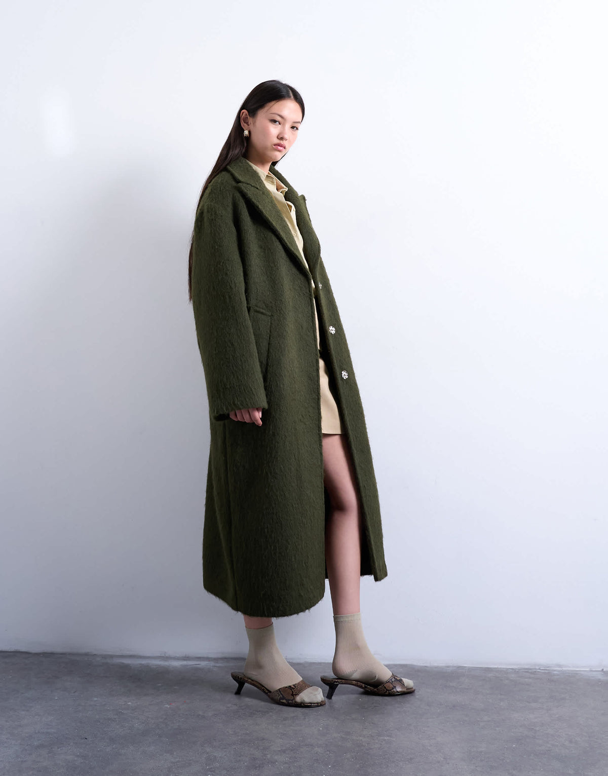 Topshop brushed unlined dropped shoulder clean chuck on coat with wool in khaki