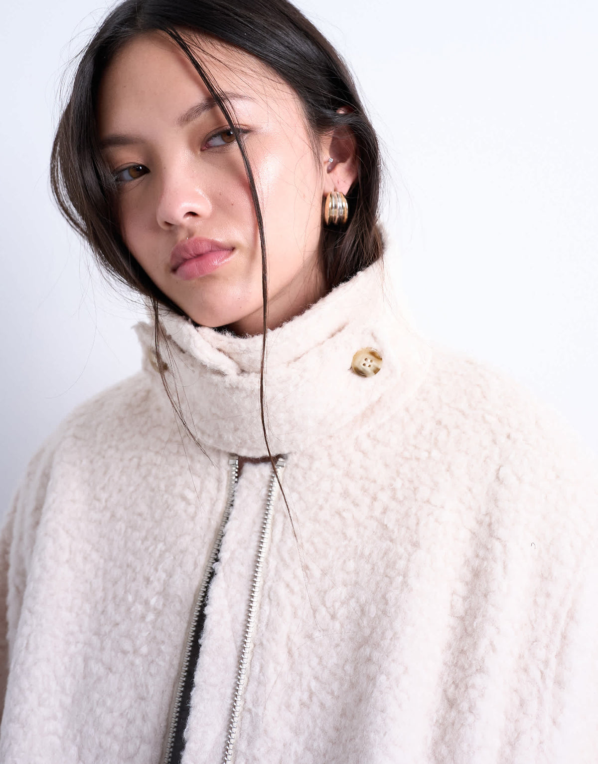 Topshop funnel boucle tab detail bomber in cream