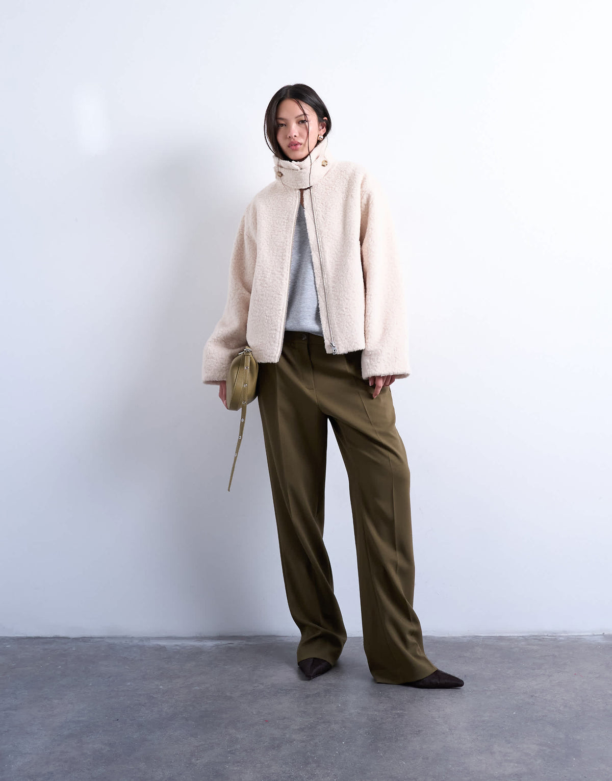 Topshop funnel boucle tab detail bomber in cream