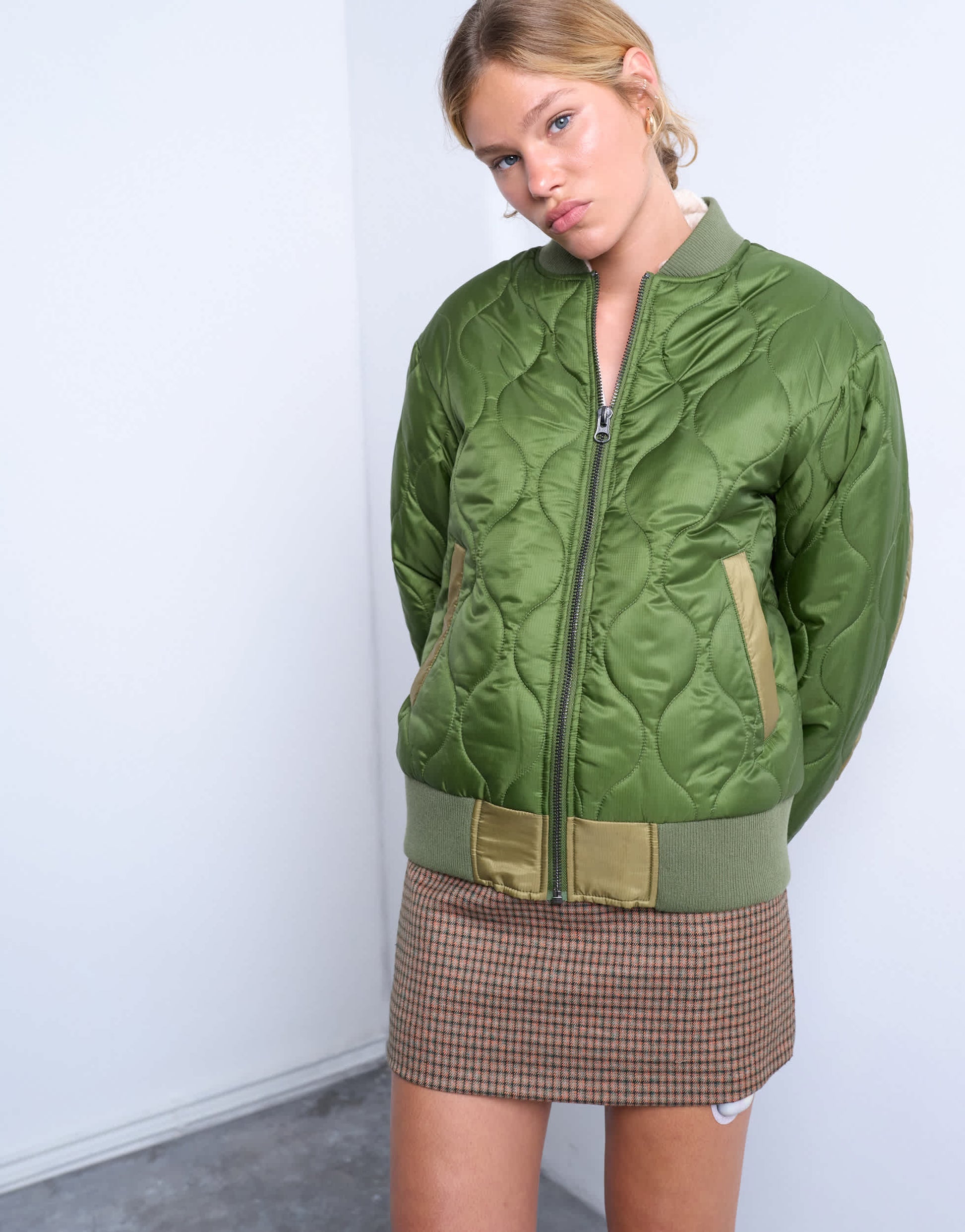 Topshop contrast liner bomber jacket in green