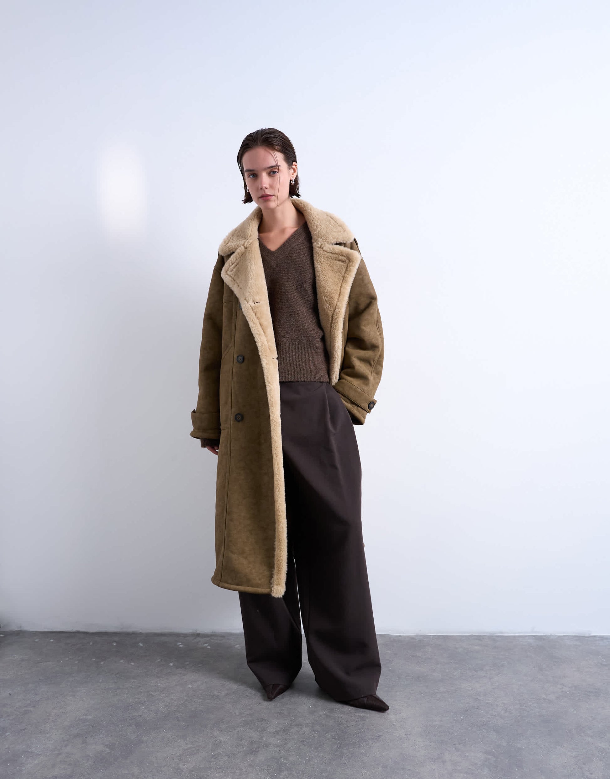 Topshop formal longline shearling coat in khaki