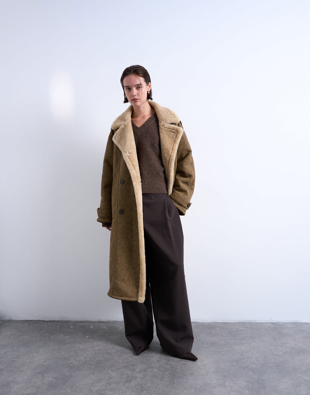 Topshop formal longline shearling coat in khaki
