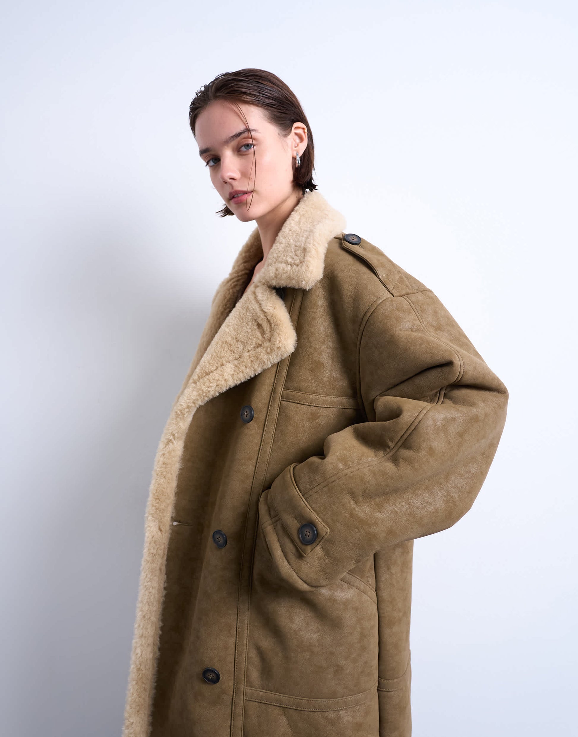 Topshop formal longline shearling coat in khaki