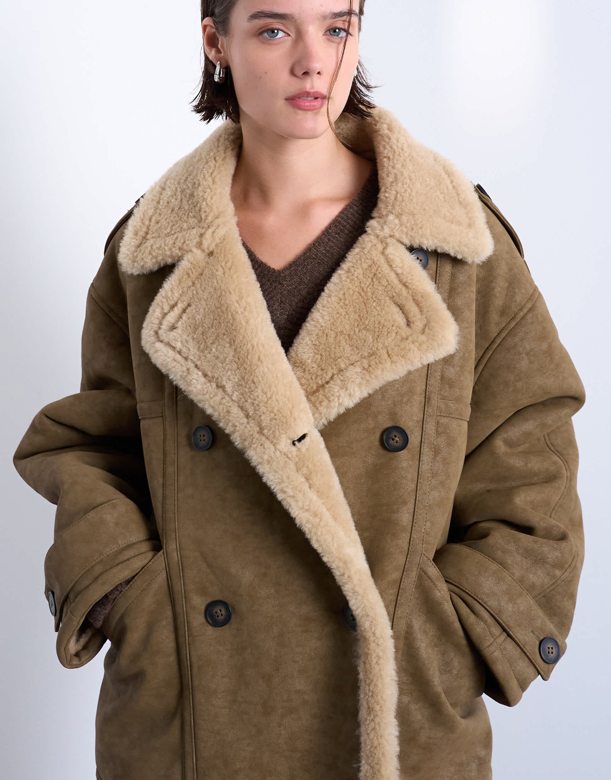 Topshop formal longline shearling coat in khaki