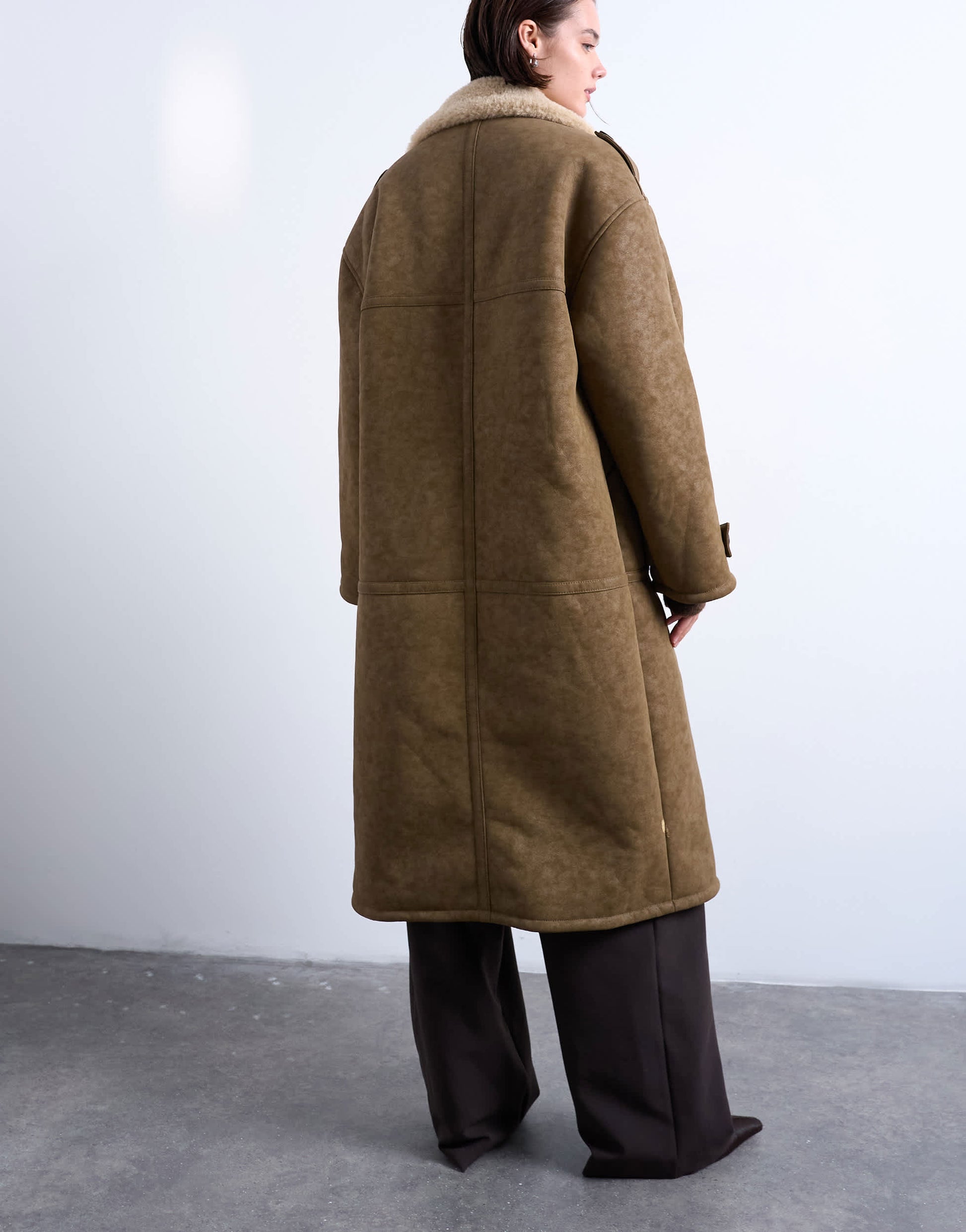 Topshop formal longline shearling coat in khaki