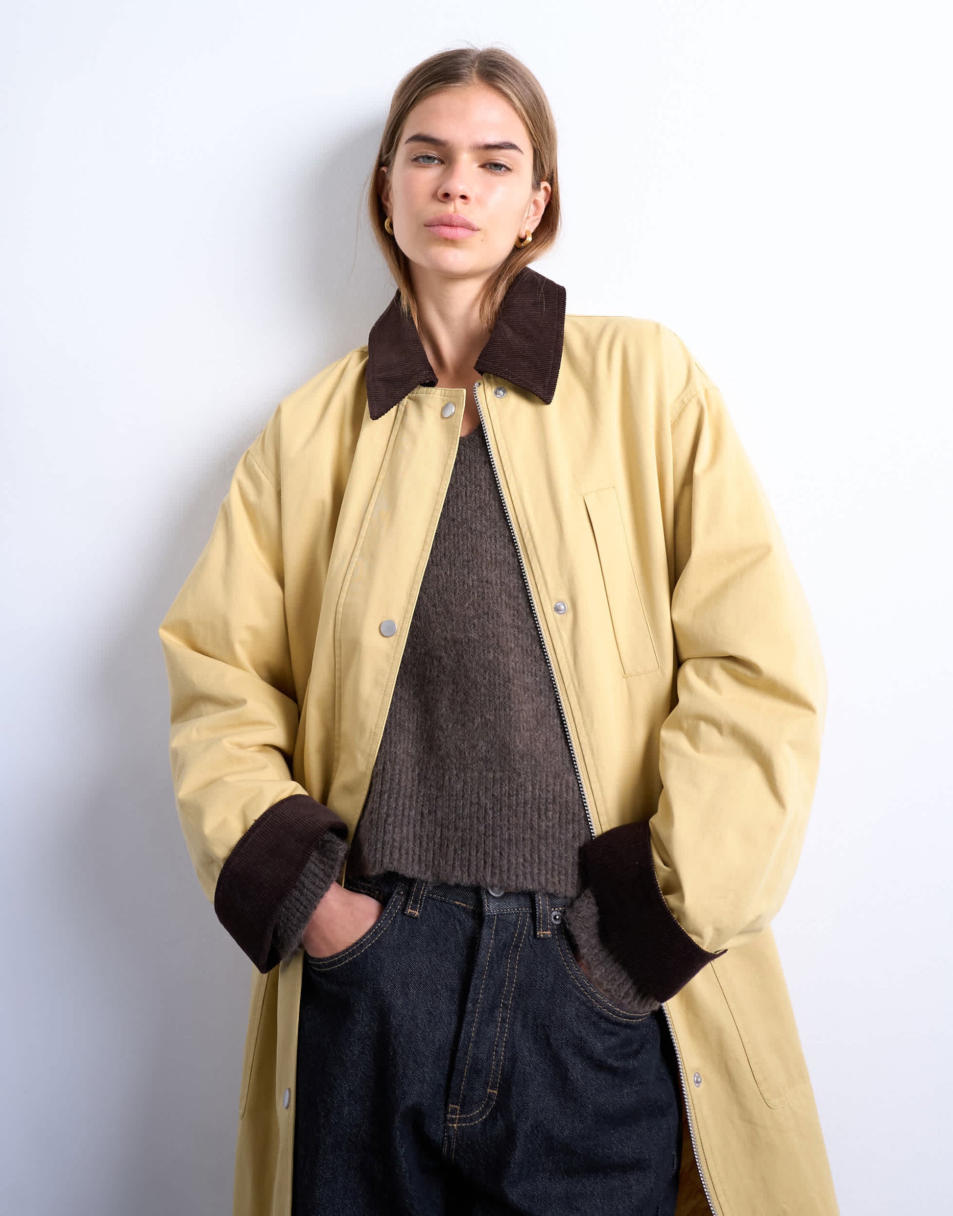 Topshop contrast collar longline shacket in mustard