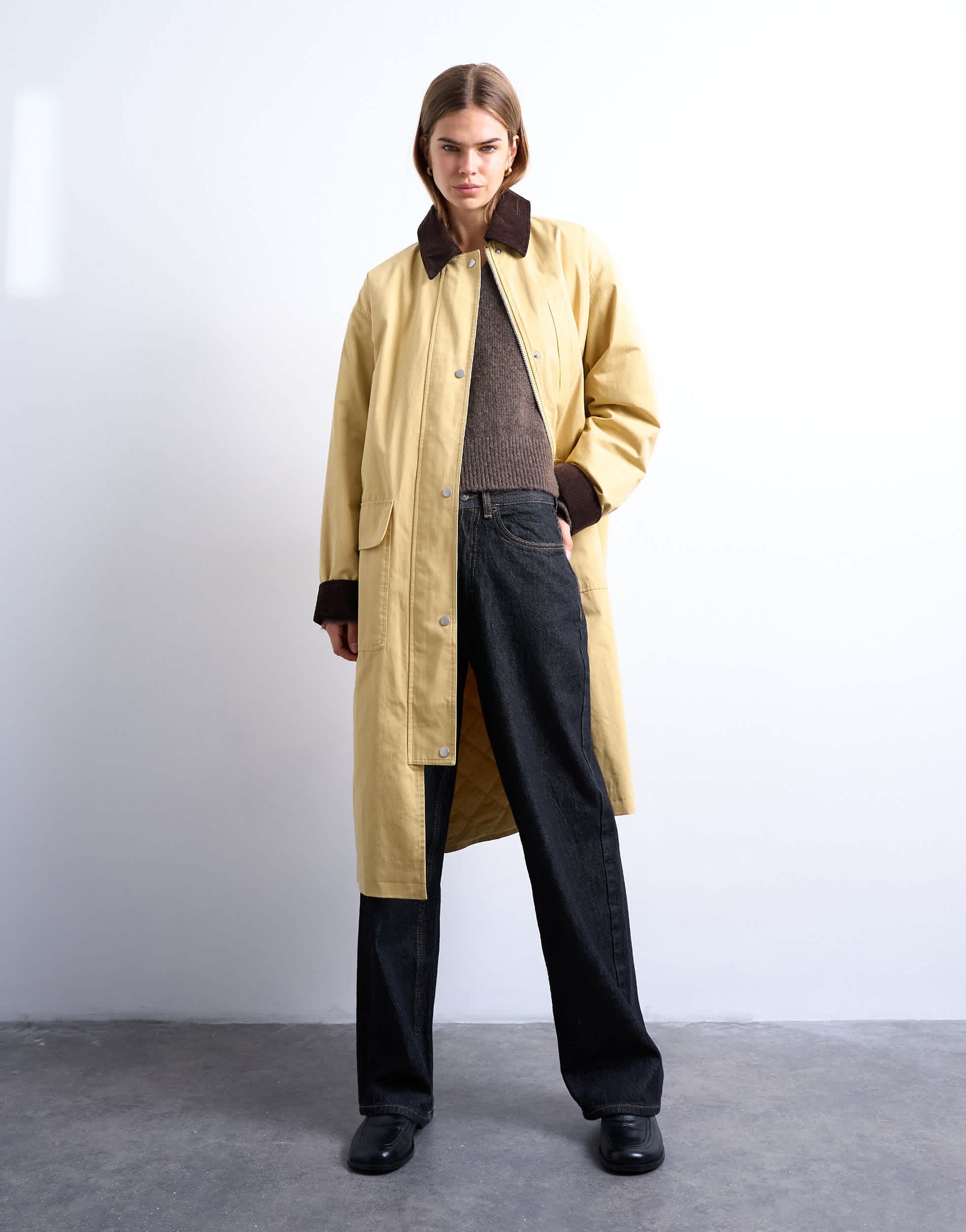 Topshop contrast collar longline shacket in mustard