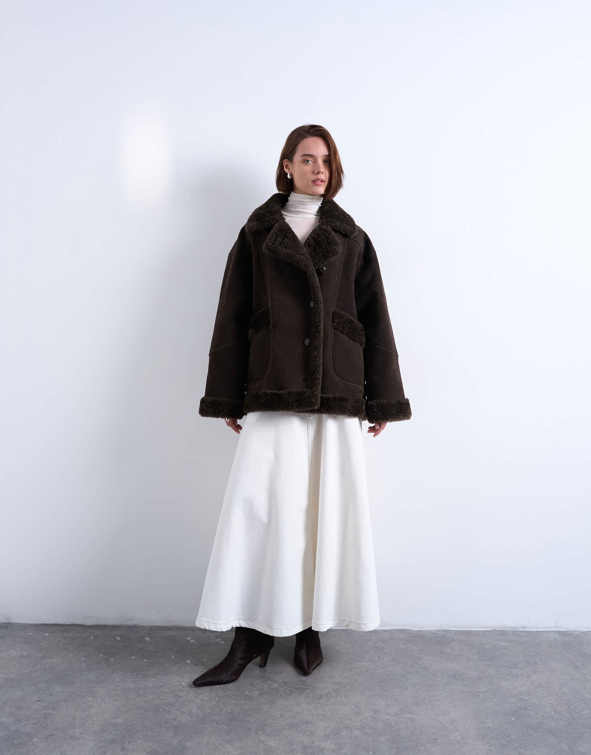 Topshop faux suede shearling oversized car coat in chocolate