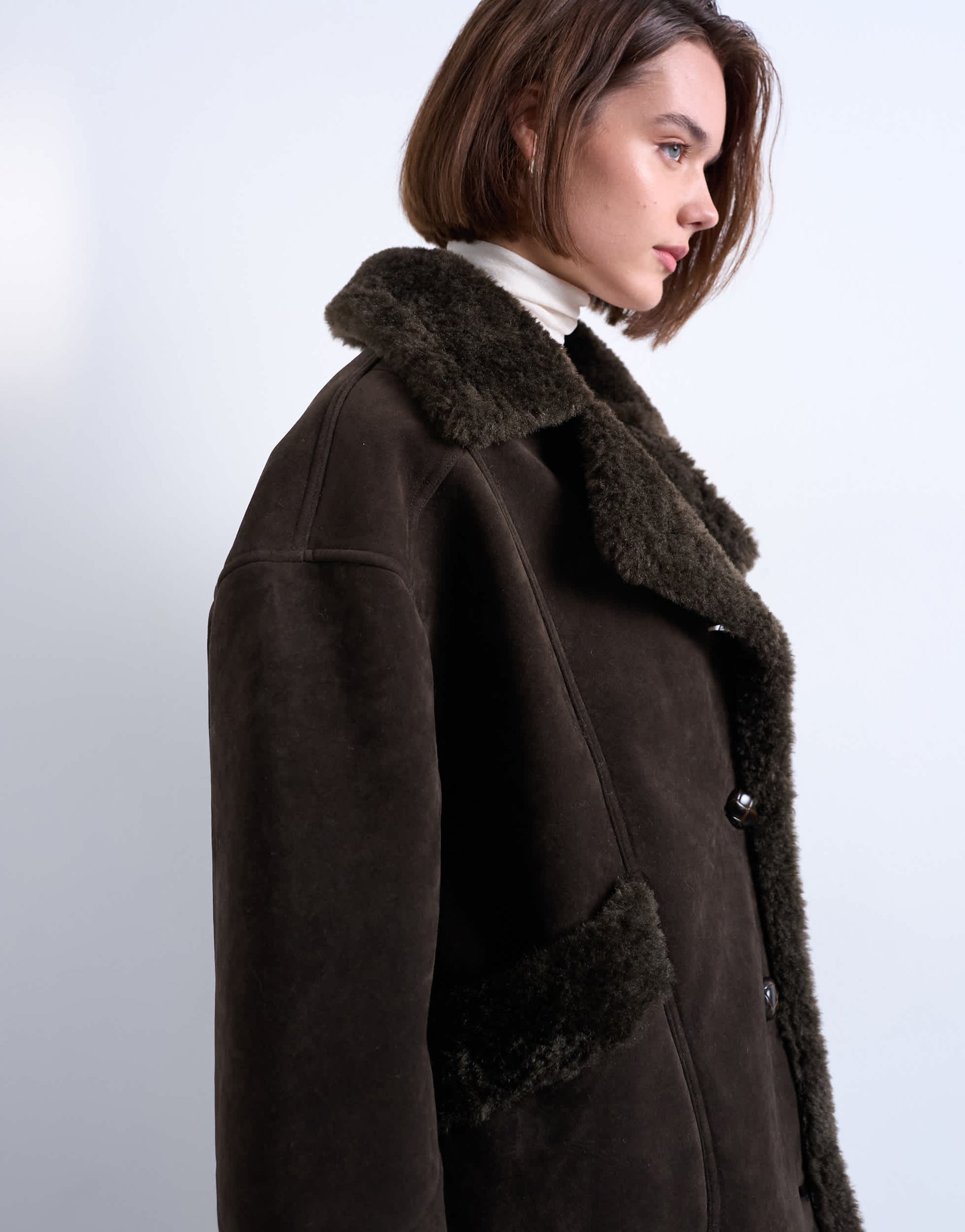 Topshop faux suede shearling oversized car coat in chocolate