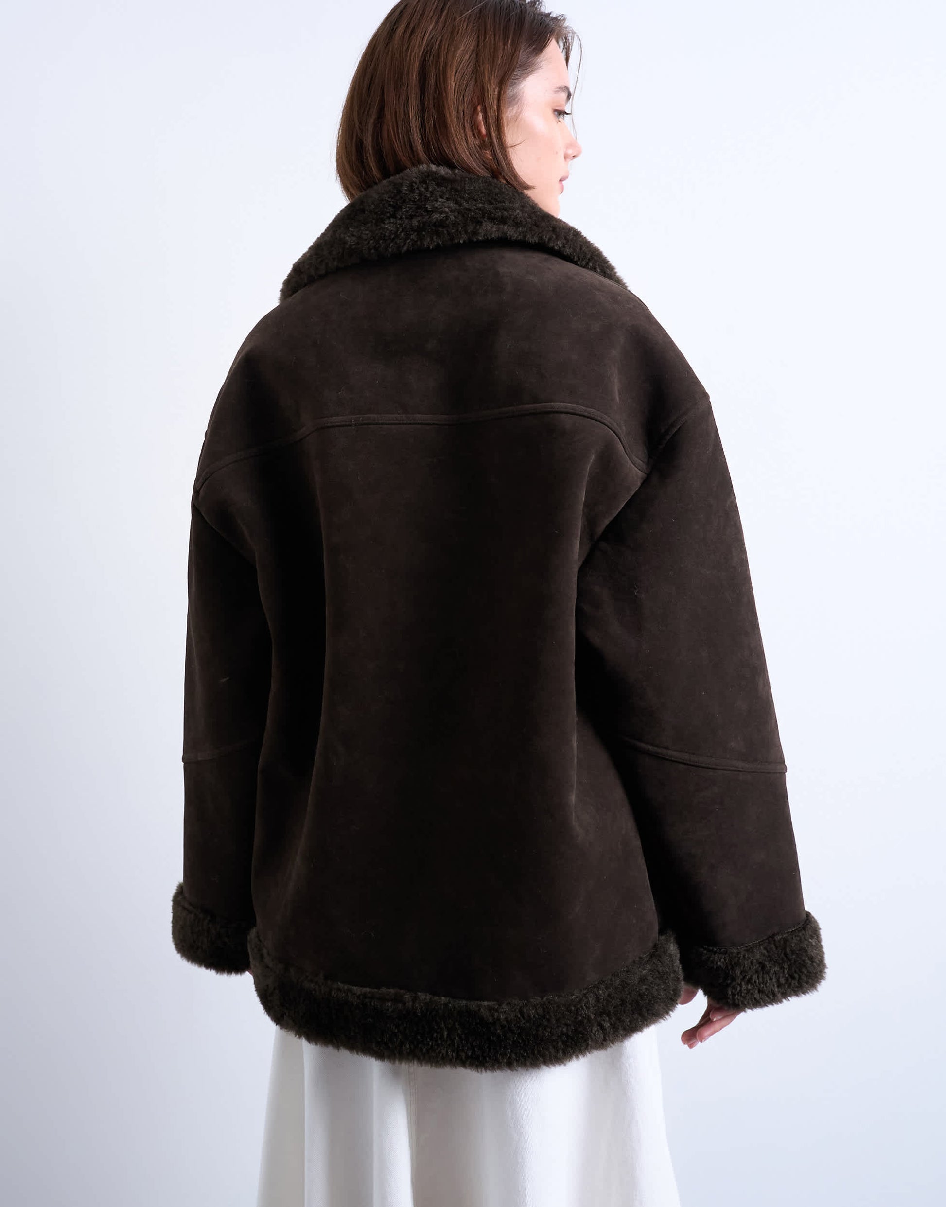 Topshop faux suede shearling oversized car coat in chocolate