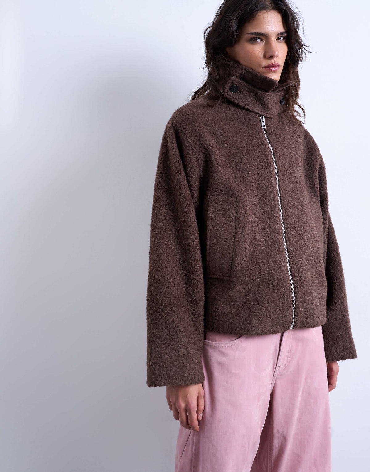 Topshop funnel boucle tab detail bomber in chocolate