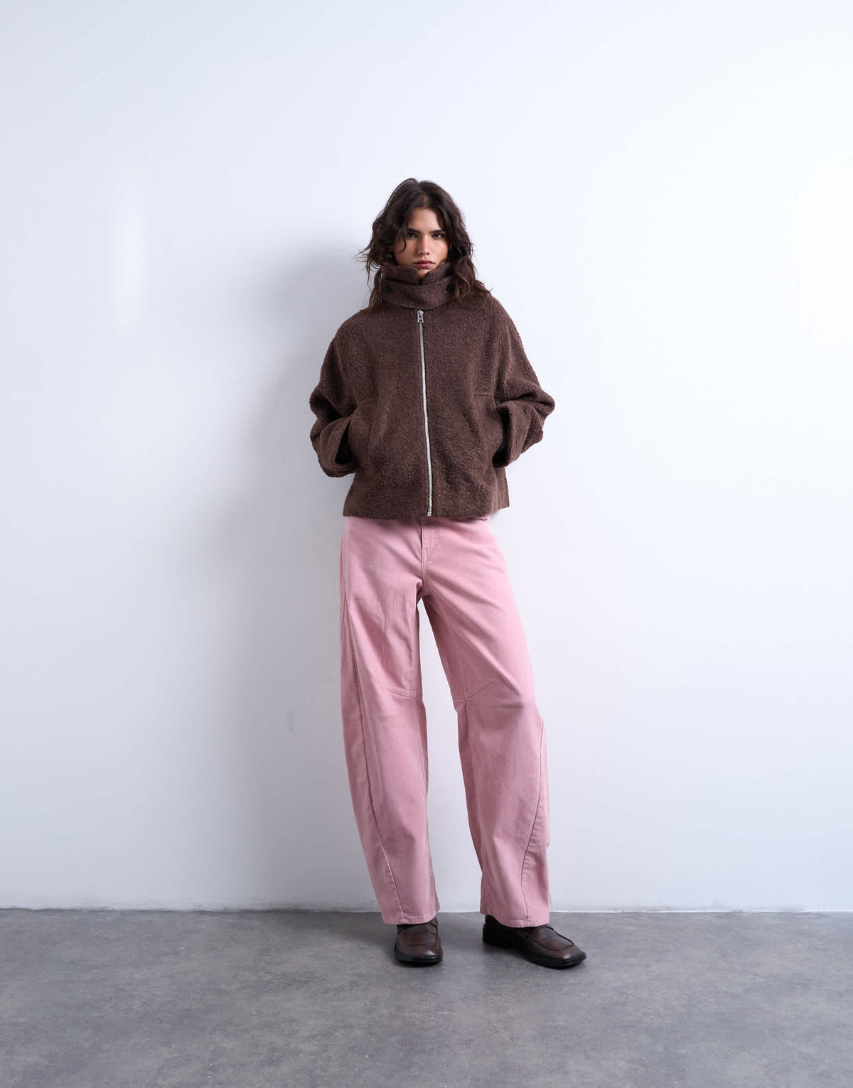 Topshop funnel boucle tab detail bomber in chocolate