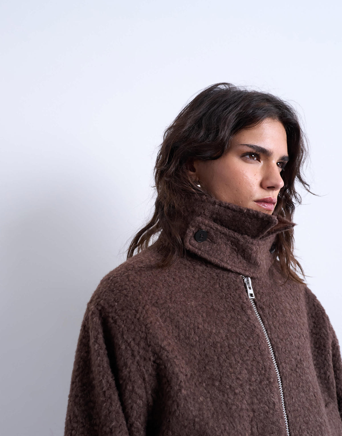 Topshop funnel boucle tab detail bomber in chocolate