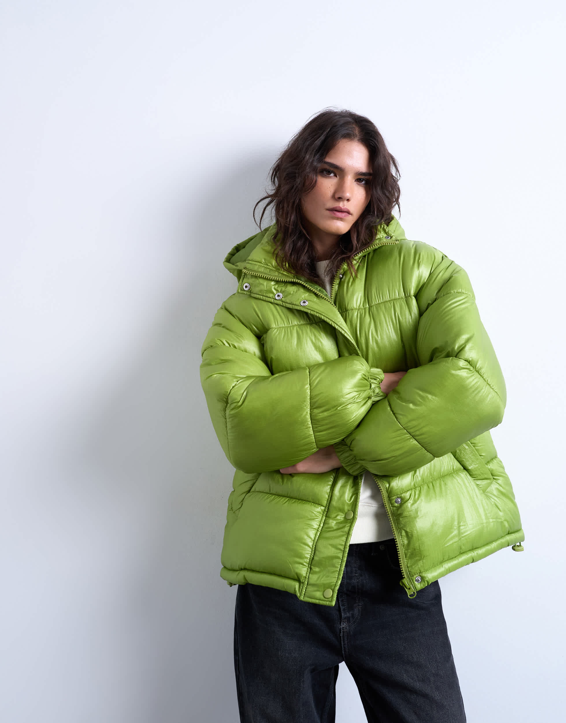 Topshop Hochglanz-Steppjacke aus Ripstop-Gewebe mit Stehkragen in leuchtendem Grün